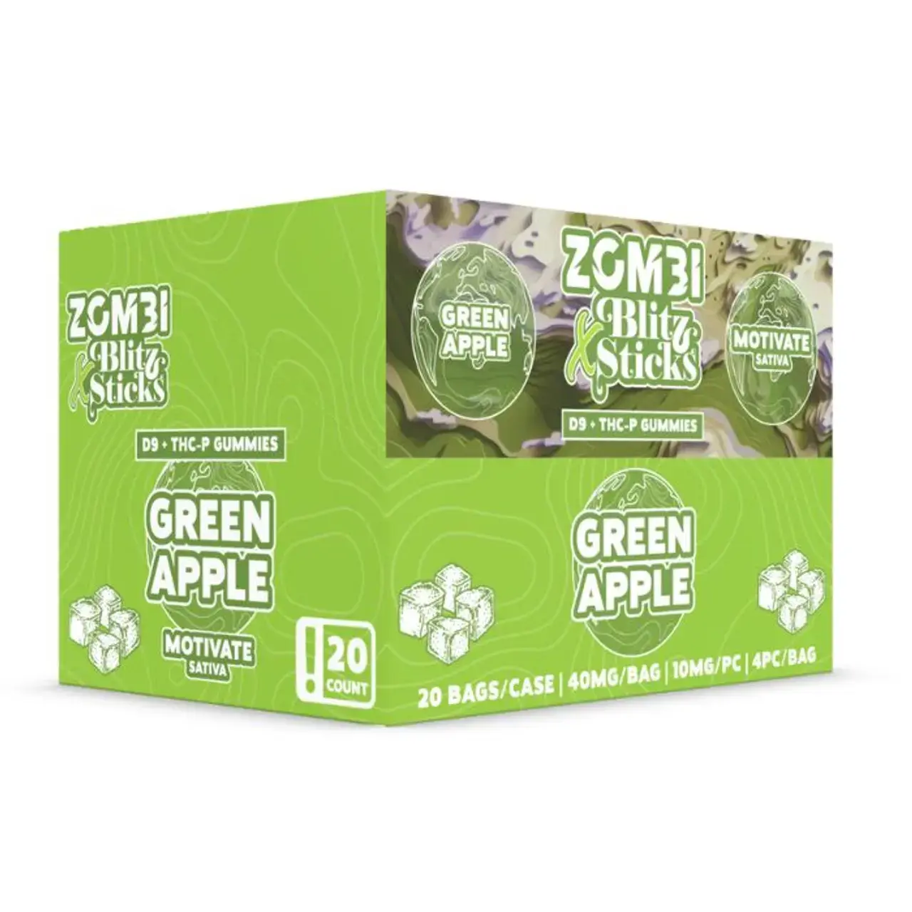 [Q-4780-01] ZOMBI BLITZ STICKS D9+THC-P GUMMIES 4PC BAG 20PK DISPLAY (Green Apple)