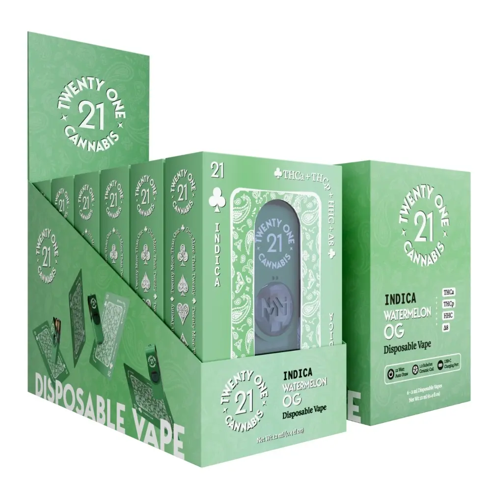 [T-1002-06] 21 DISPOSABLE 2ML THC-A THC-P 6pk Box (Watermelon OG (Indica))