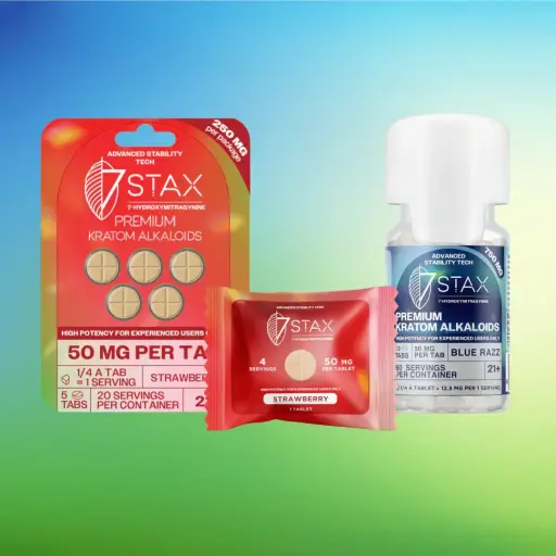 [10146-01] 7Stax Premium 7-OH Kratom Alkaloid Tablets 50MG Per Tablet (250mg – 5 Count) (Blue Razz)