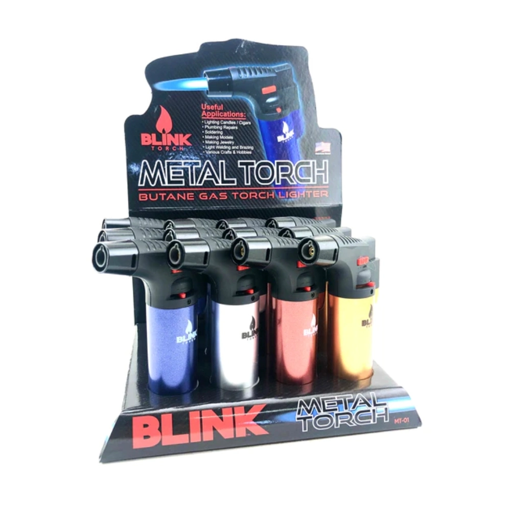 BLINK LARGE SINGLE FLAME TORCH LIGHTER METALLIC COLORS DISPLAY - 12PK
