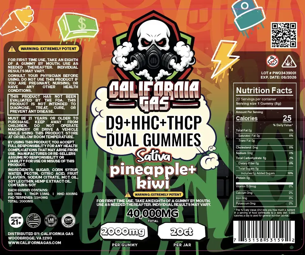 [T-1341-10] CALIFORNIA GAS DUAL GUMMIES D9+HHC+THCP 40,000MG (Mango)