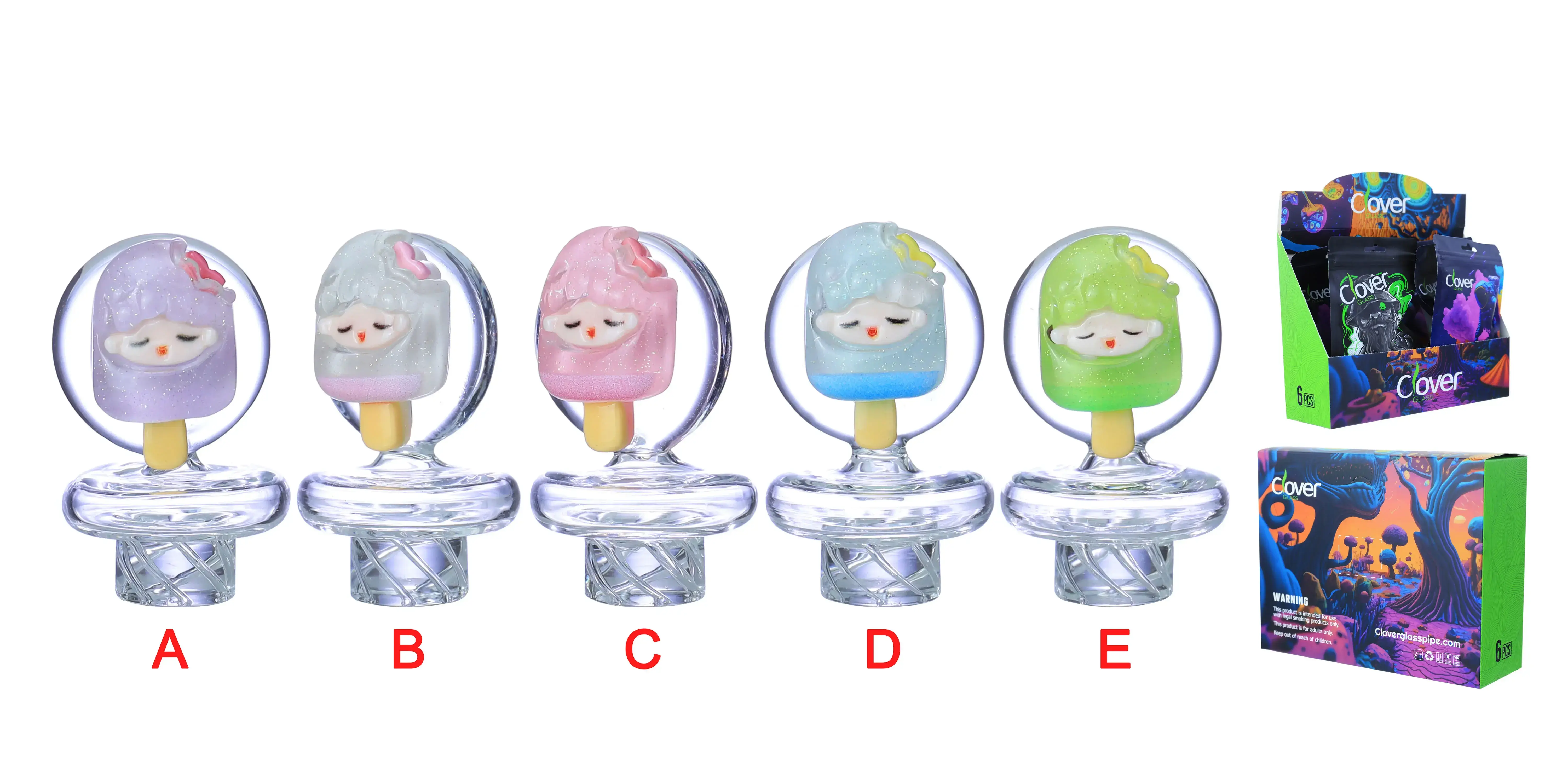 [Q-4845-04] Clover Carb Cap Glass 6PK a Display Mix Color (Bird)
