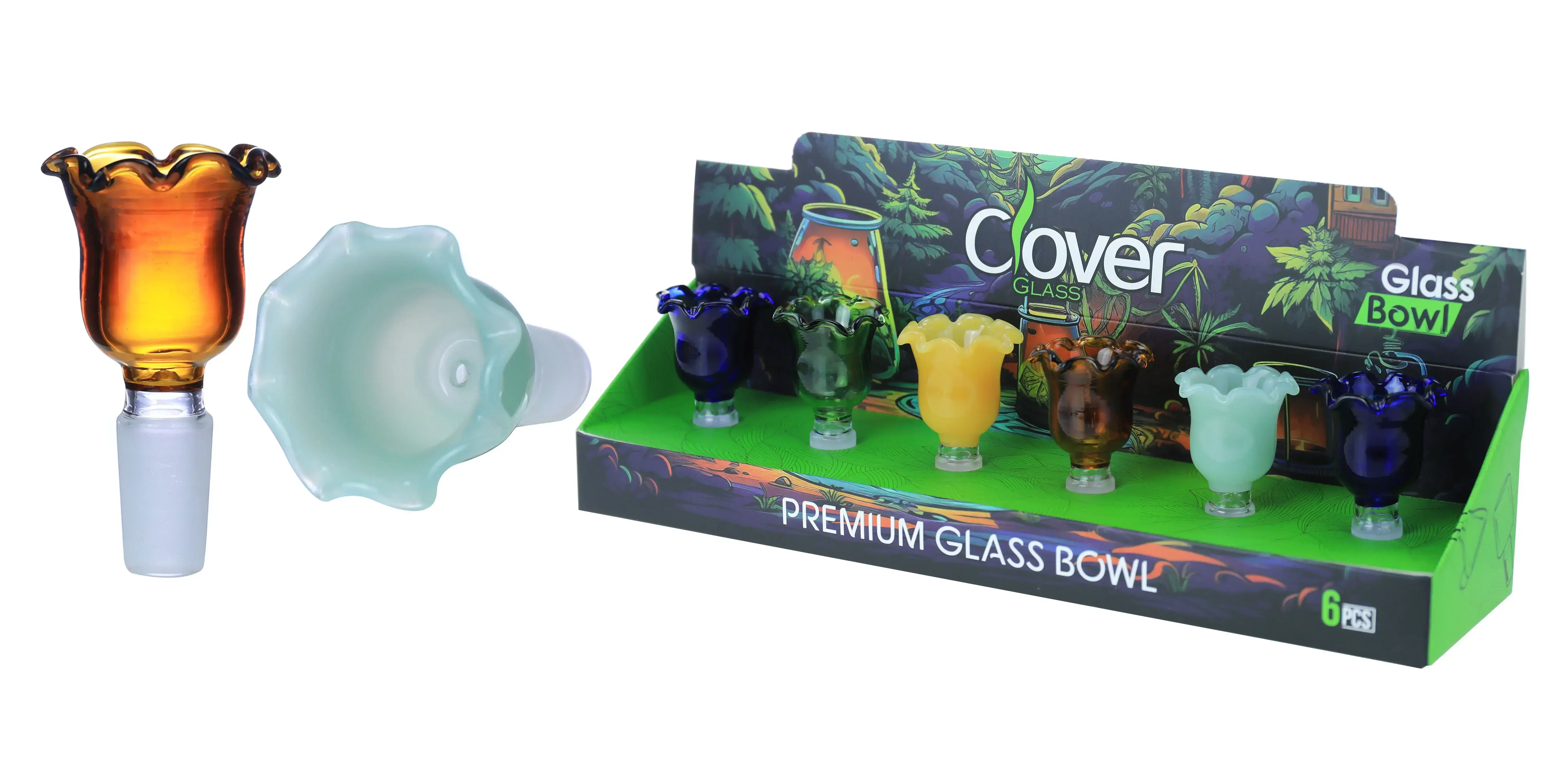 [10102-02] Clover Glass Blow Head 14MM 6Pc a Display Mix Color (Tulip)