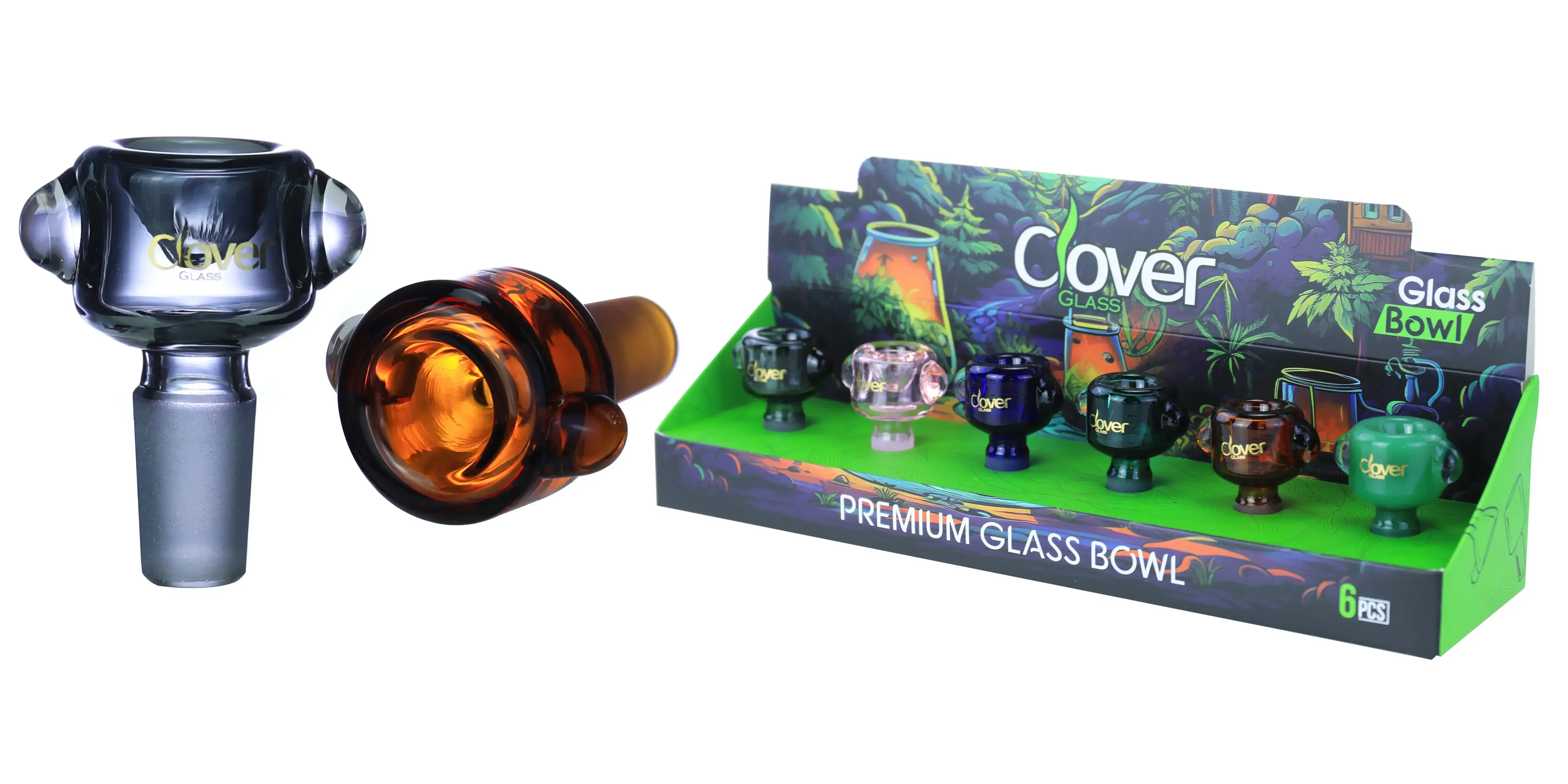 [10102-05] Clover Glass Blow Head 14MM 6Pc a Display Mix Color (Triple Bubbles)