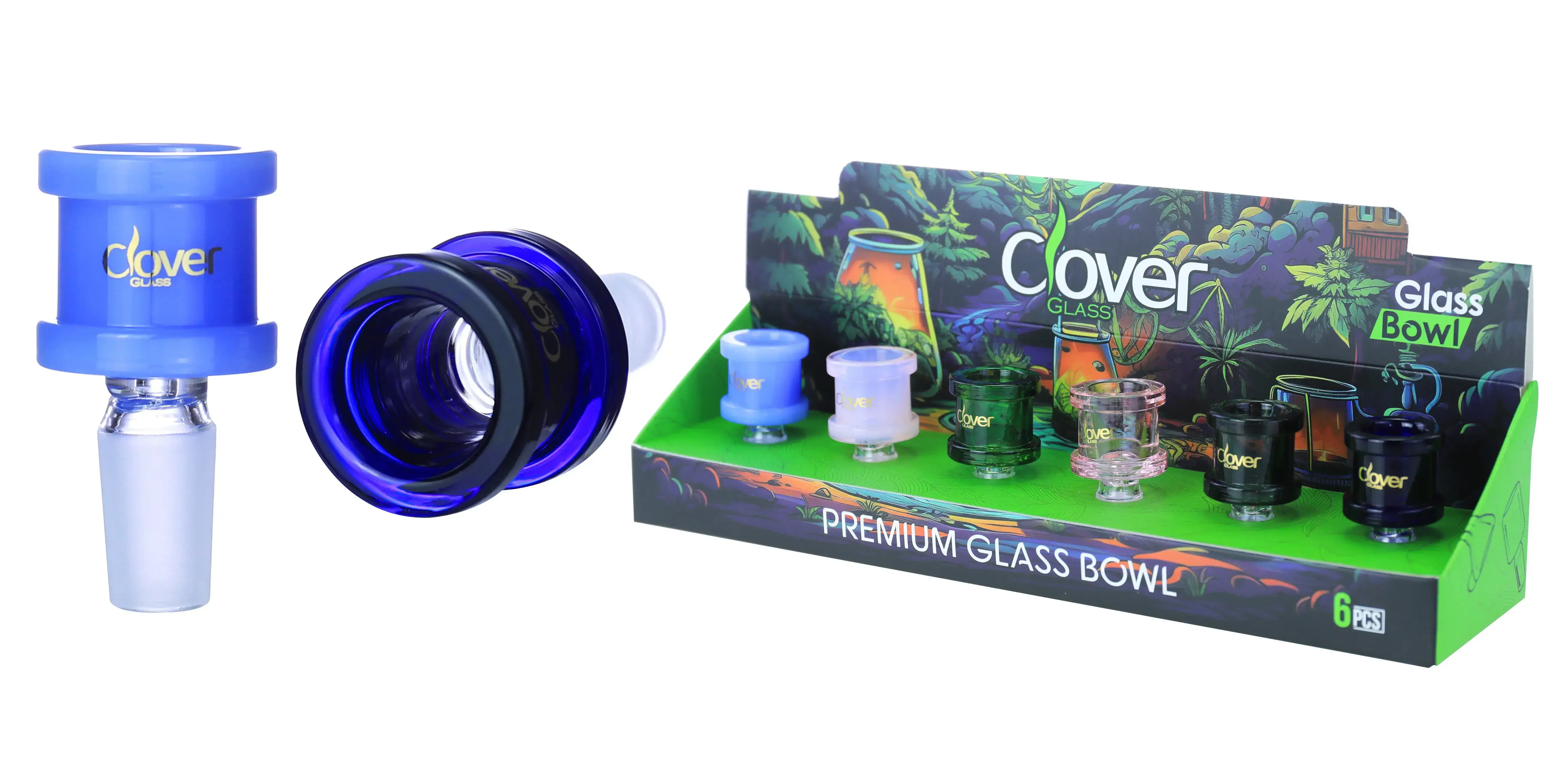 [10102-06] Clover Glass Blow Head 14MM 6Pc a Display Mix Color (Thick Cylinder)