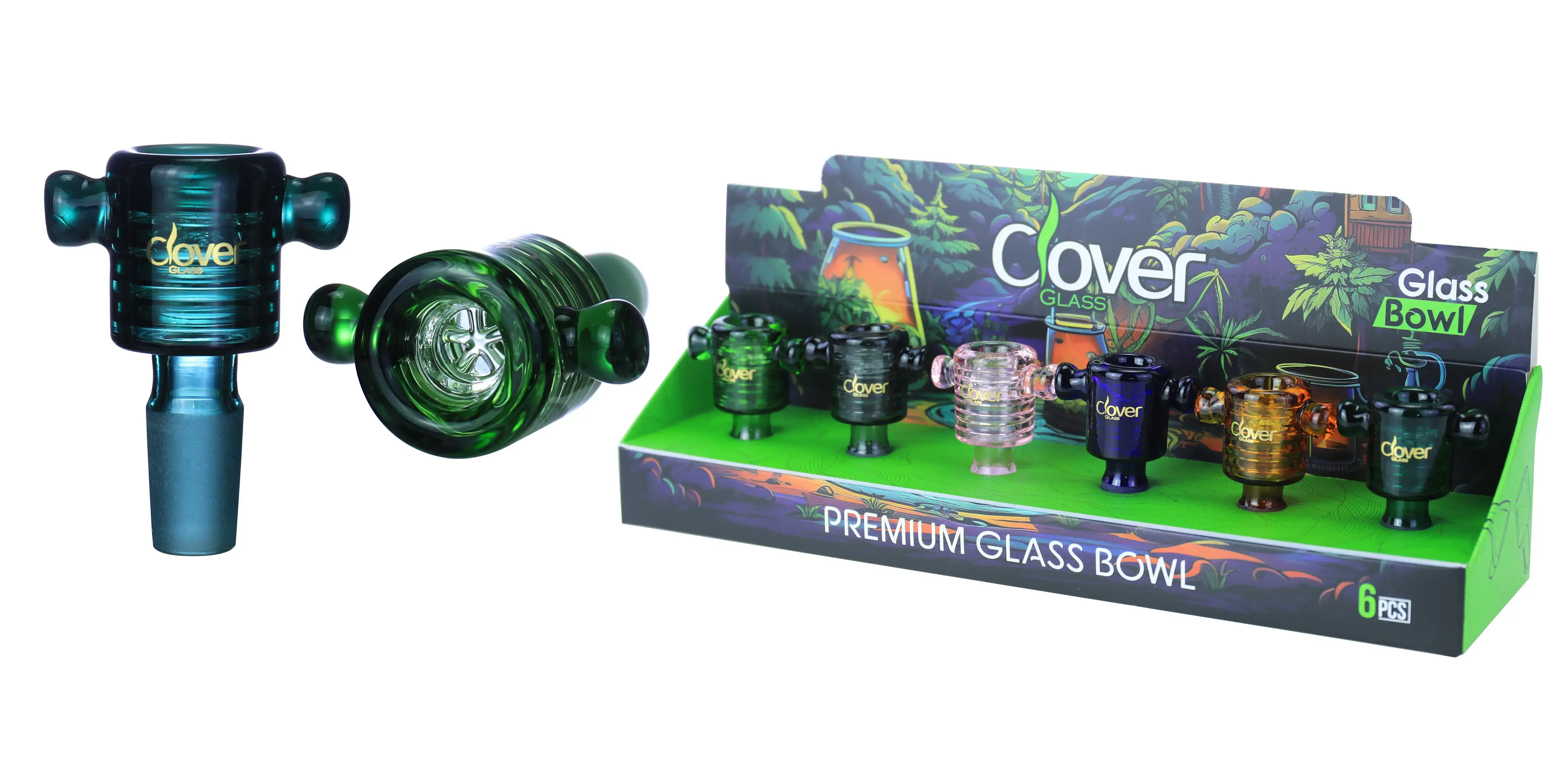 [10102-07] Clover Glass Blow Head 14MM 6Pc a Display Mix Color (Double Bubble)