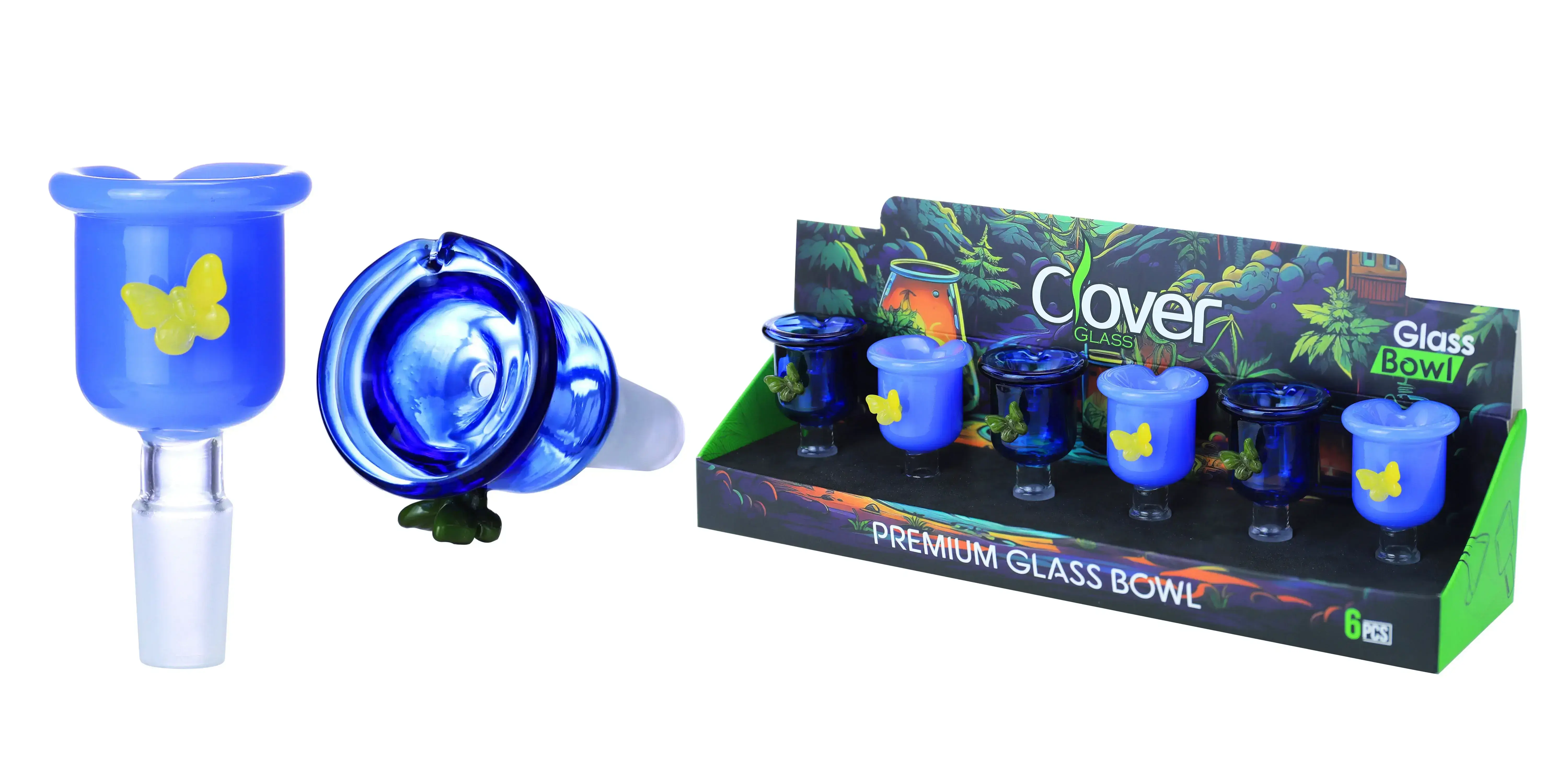 [10102-08] Clover Glass Blow Head 14MM 6Pc a Display Mix Color (Chipped With Butterfly)