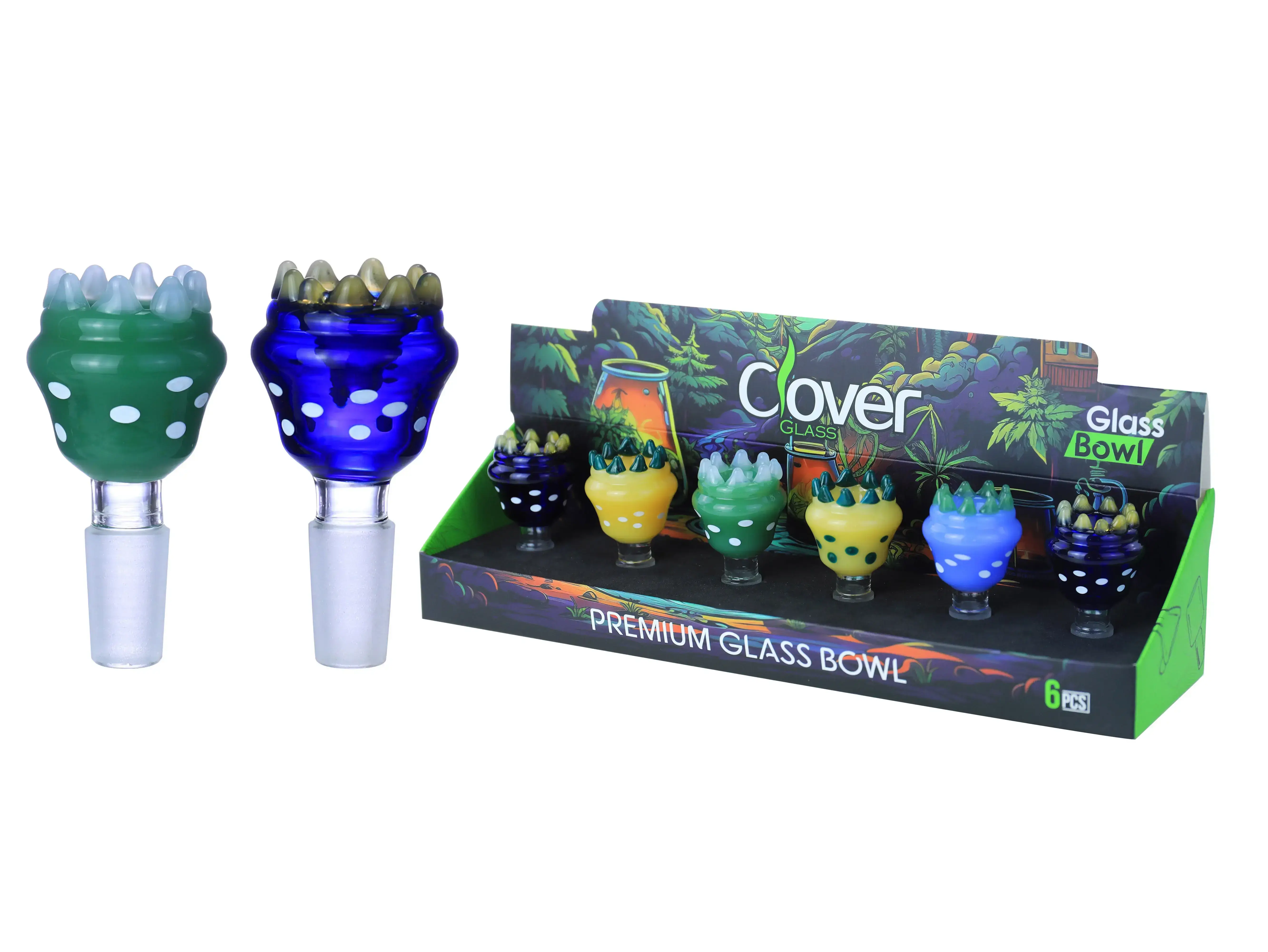 [10102-09] Clover Glass Blow Head 14MM 6Pc a Display Mix Color (Thick Flower With Teeth)