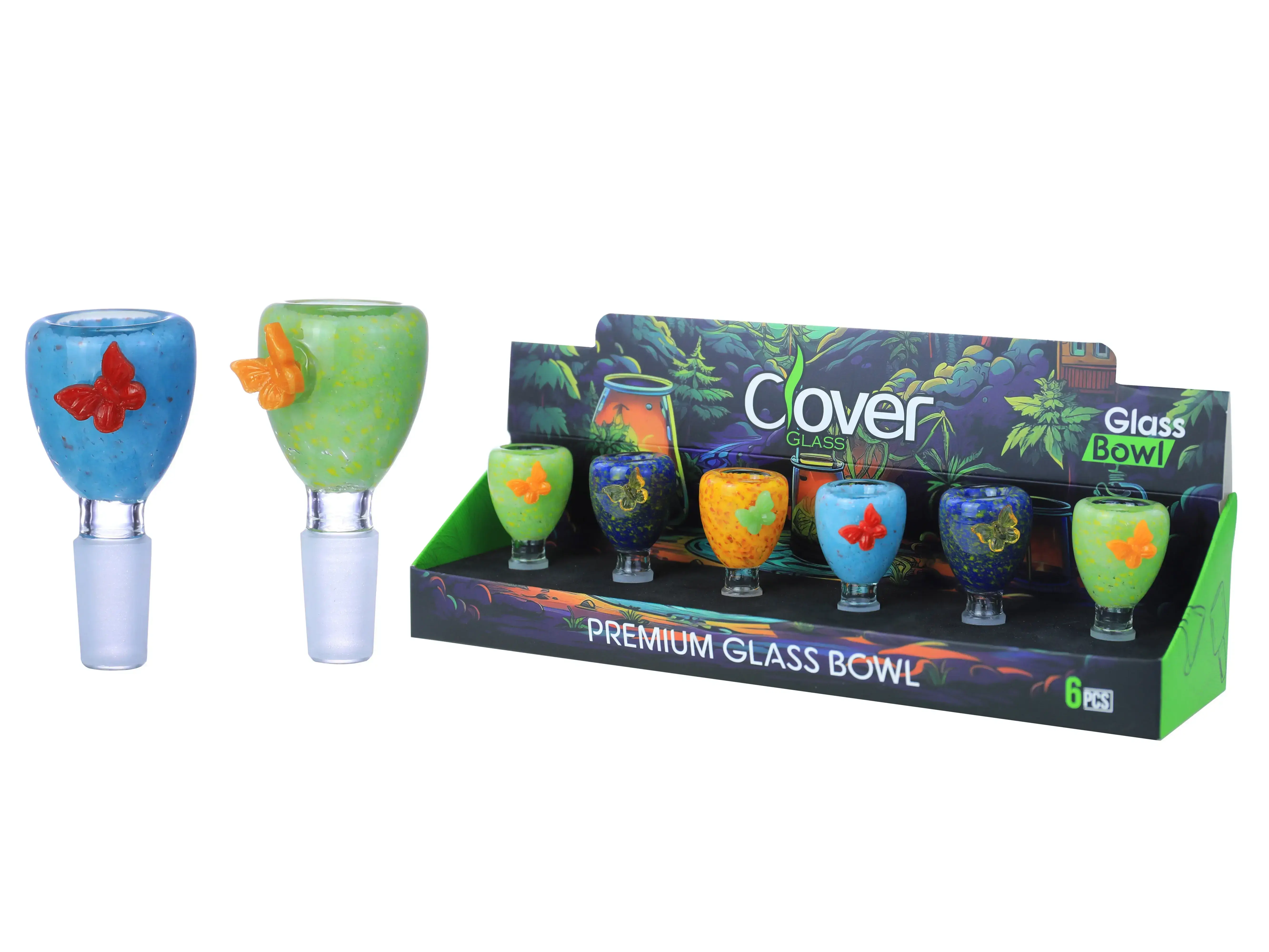 [10102-10] Clover Glass Blow Head 14MM 6Pc a Display Mix Color (Thick Cylinder With Butterfly)