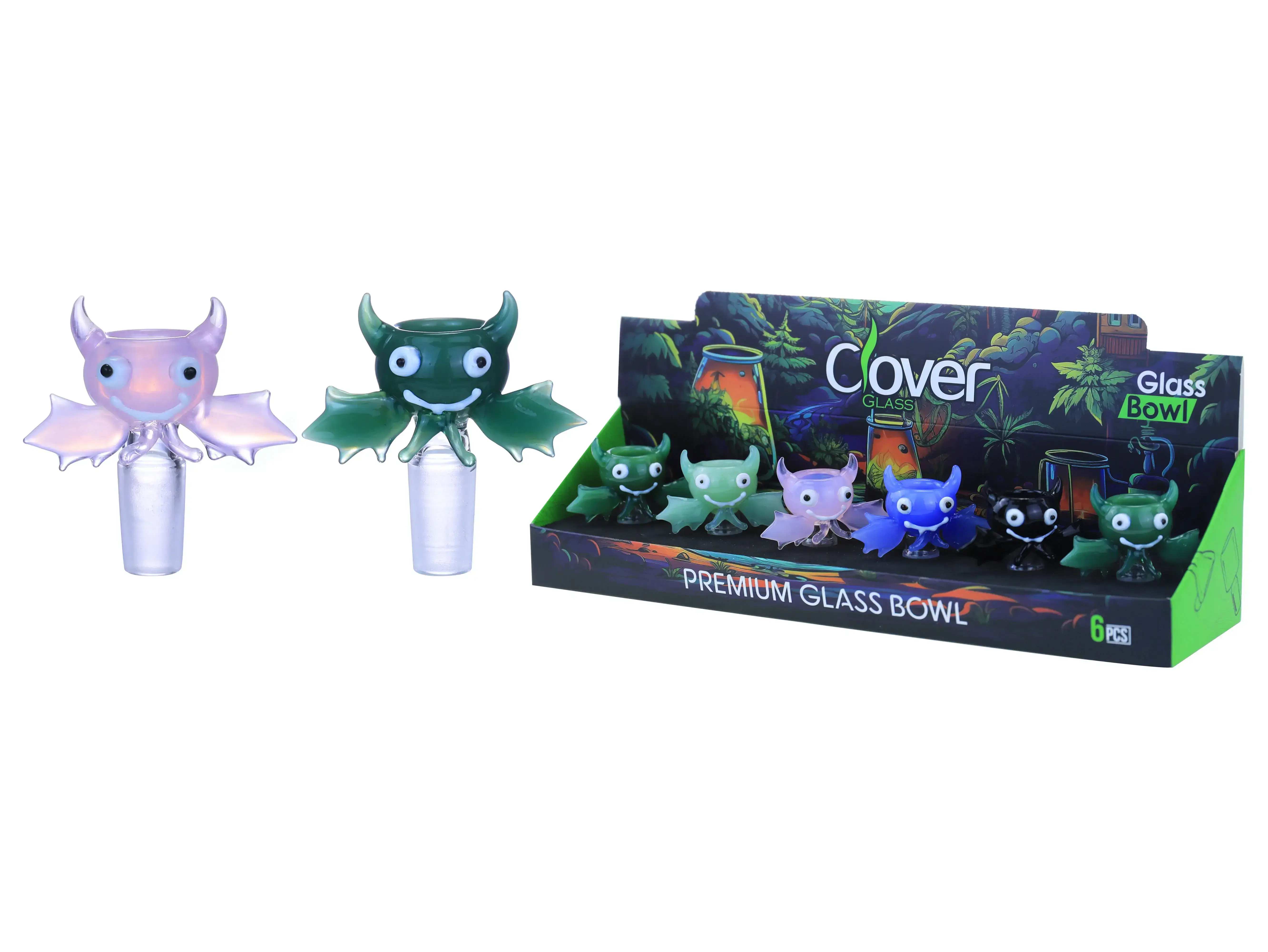 [10102-11] Clover Glass Blow Head 14MM 6Pc a Display Mix Color (Demon With wings)