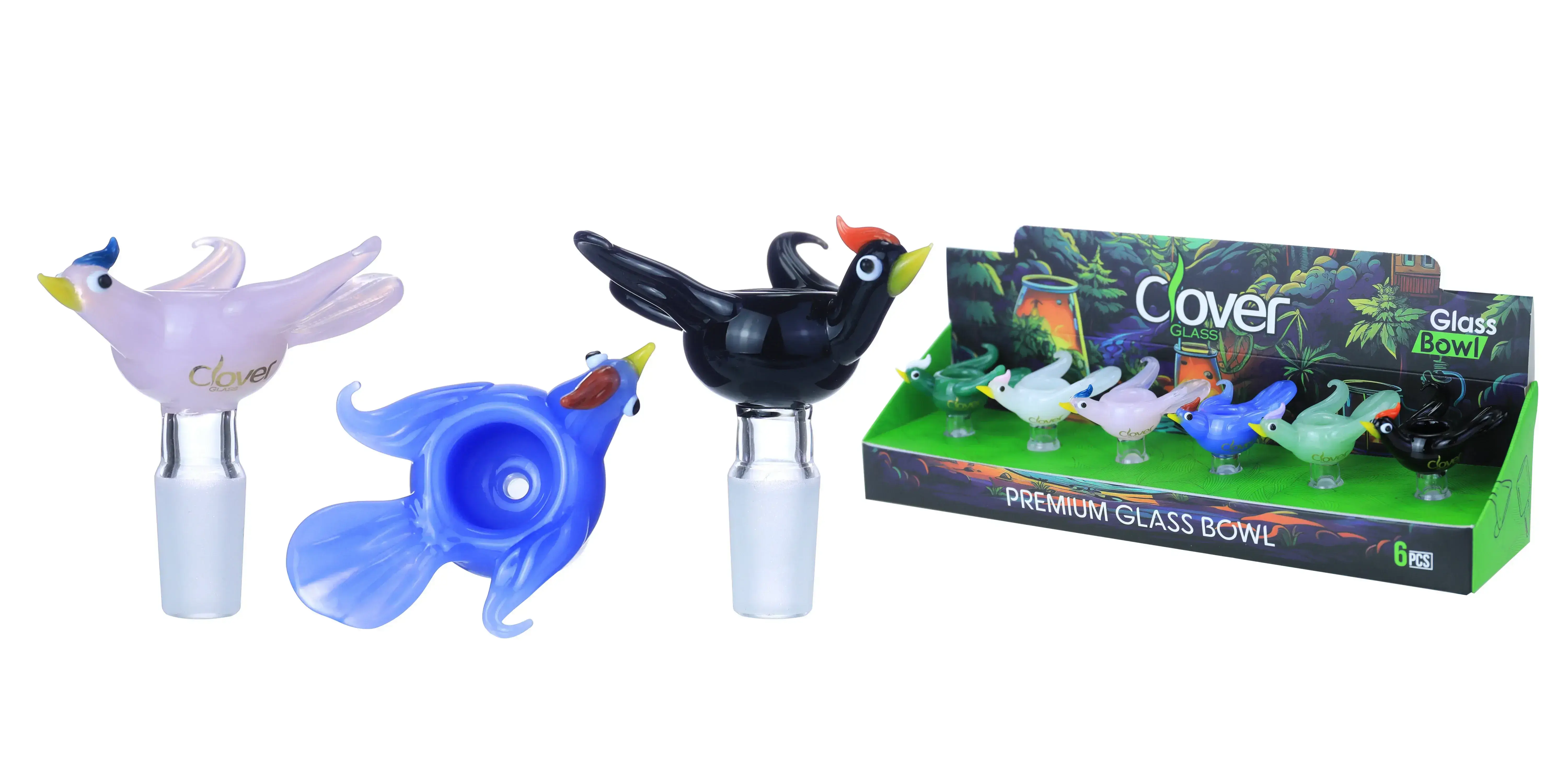 [10102-13] Clover Glass Blow Head 14MM 6Pc a Display Mix Color (Flying Bird)