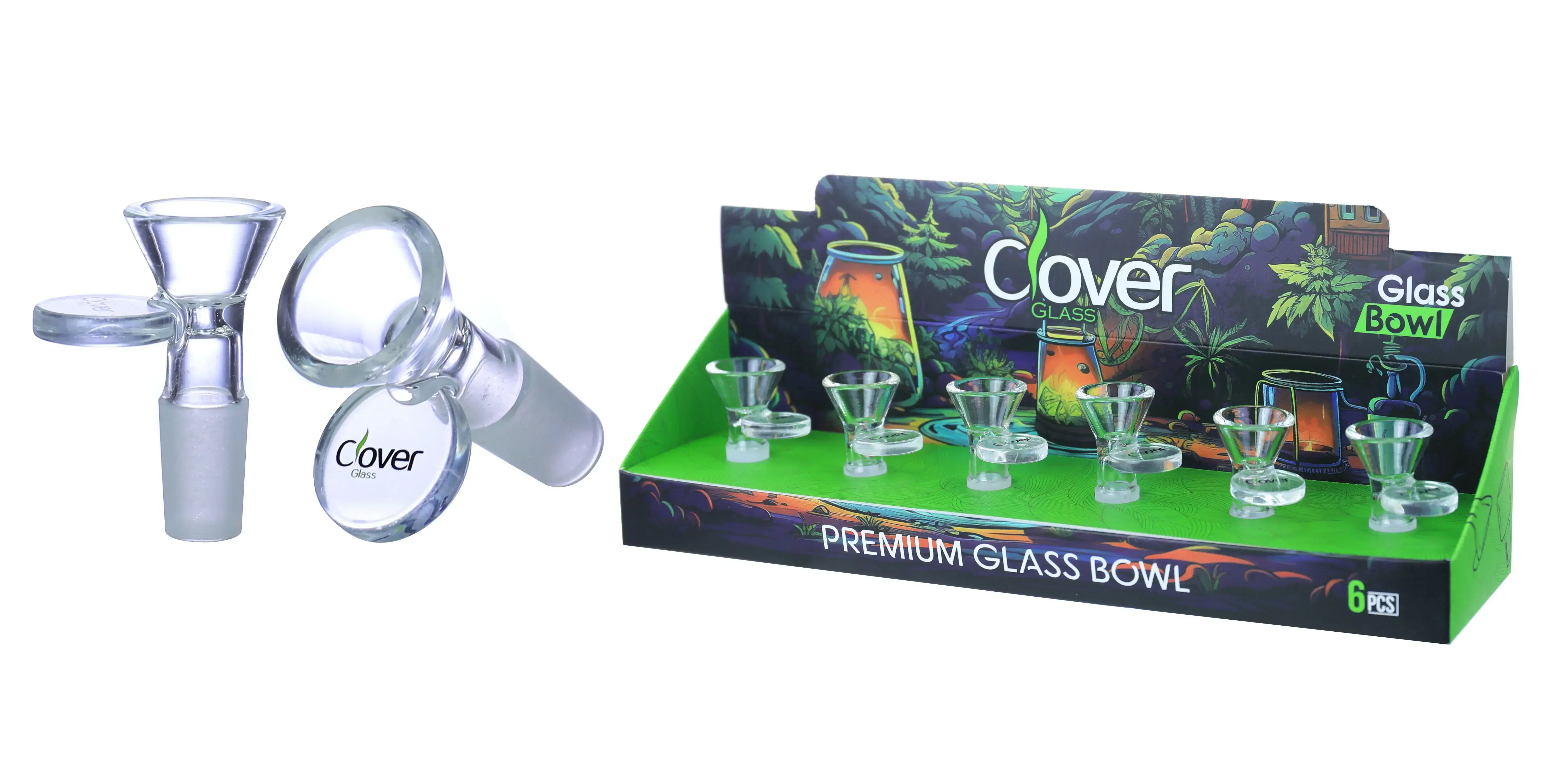 [10102-15] Clover Glass Blow Head 14MM 6Pc a Display Mix Color (Clear With Pull out Tab)
