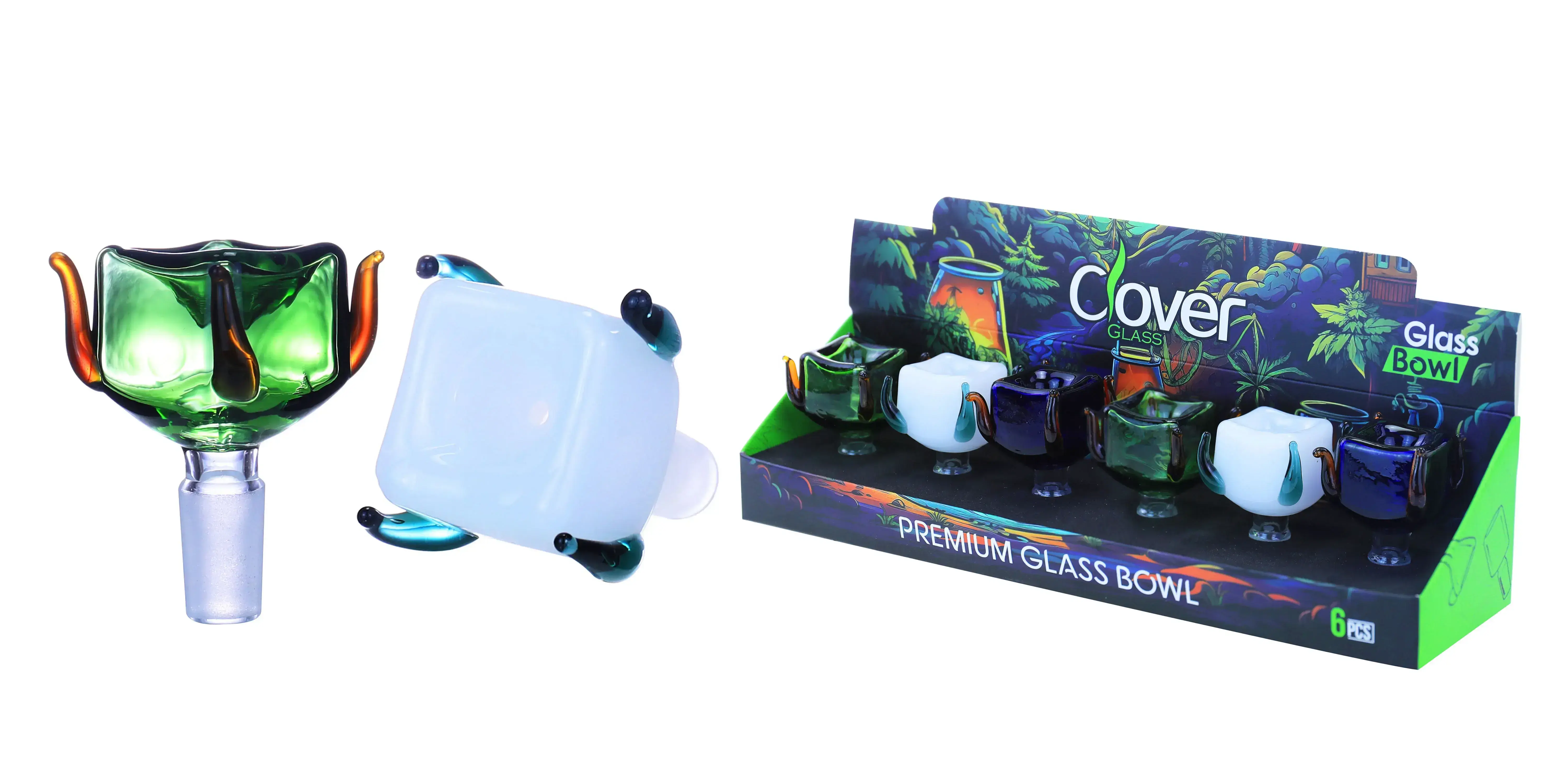 [10102-16] Clover Glass Blow Head 14MM 6Pc a Display Mix Color (Cube With Tentacles)