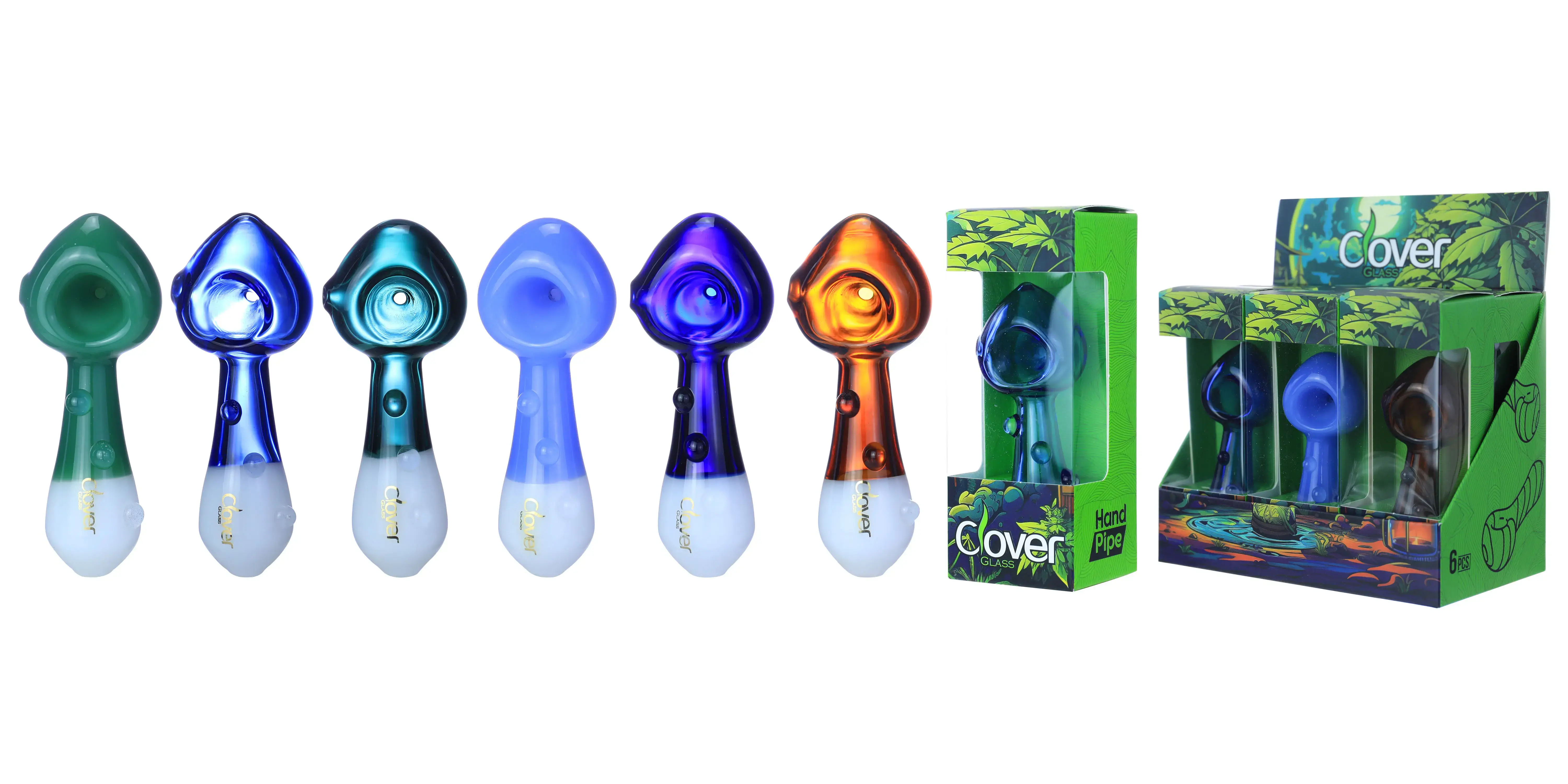 [T-1372-02] Clover Glass Hand Pipe 4 Inch Display 6PK (WPF-648)