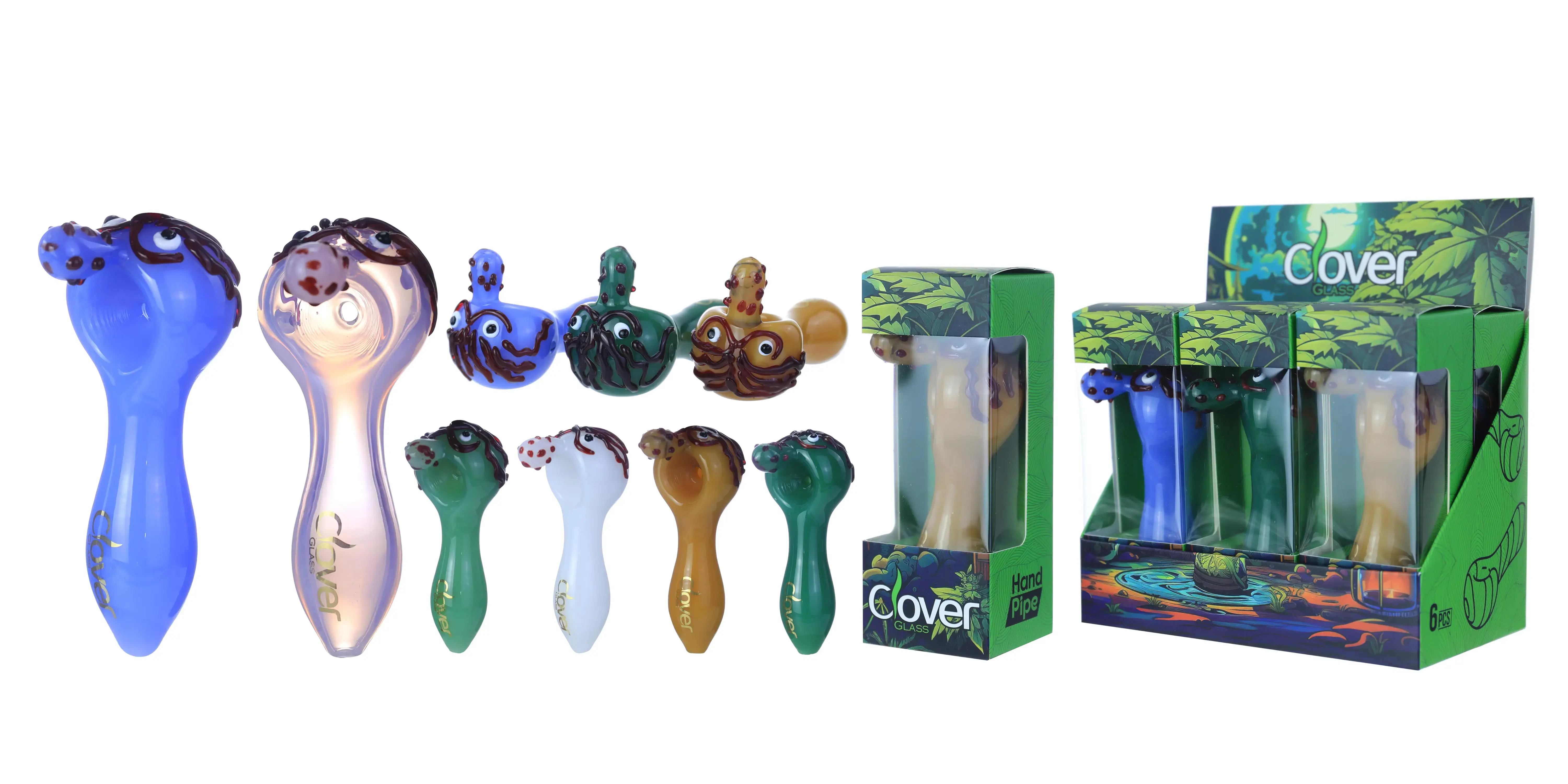 [T-1372-09] Clover Glass Hand Pipe 4 Inch Display 6PK (WPF-663)