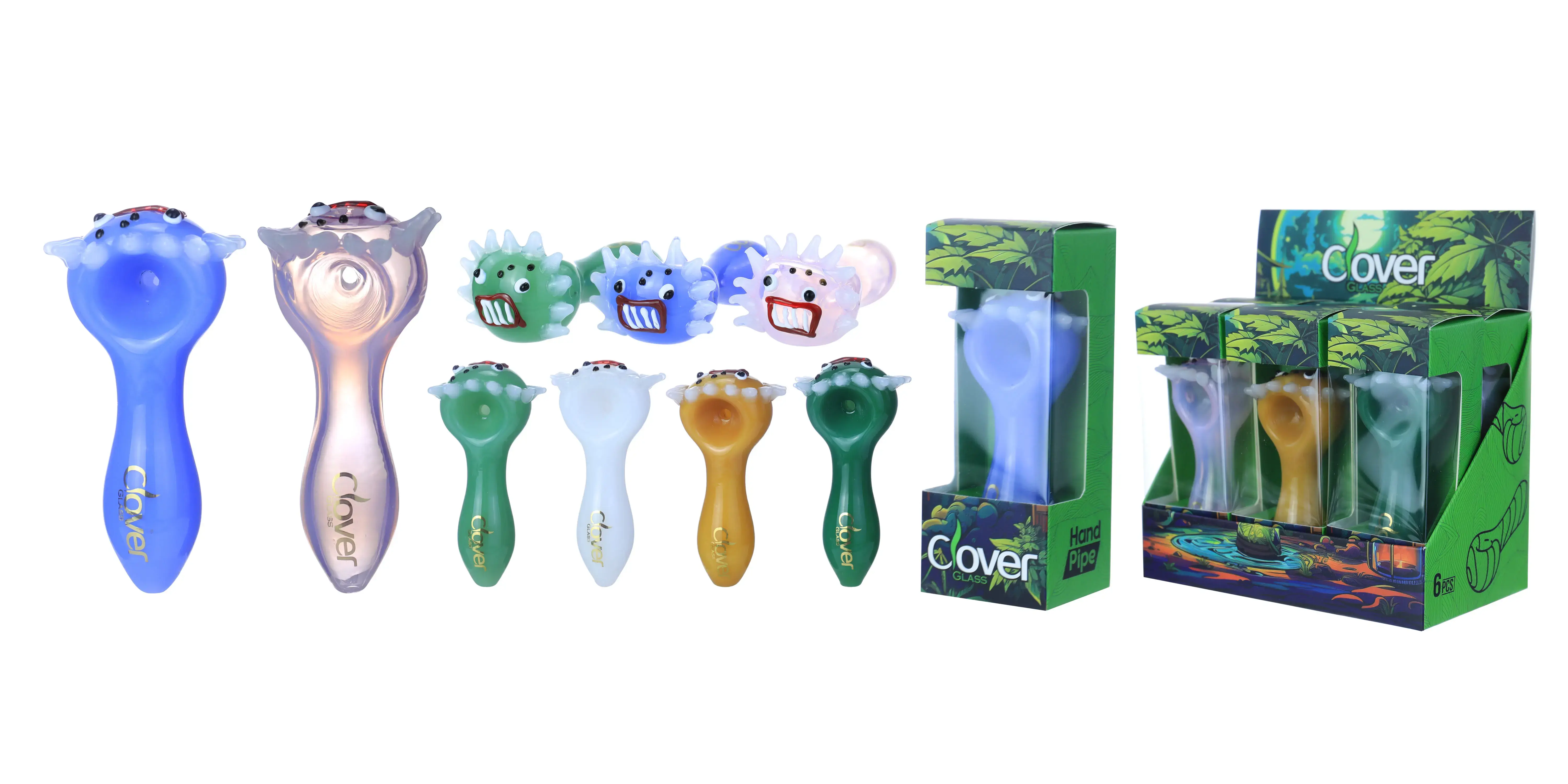 [T-1372-10] Clover Glass Hand Pipe 4 Inch Display 6PK (WPF-664)