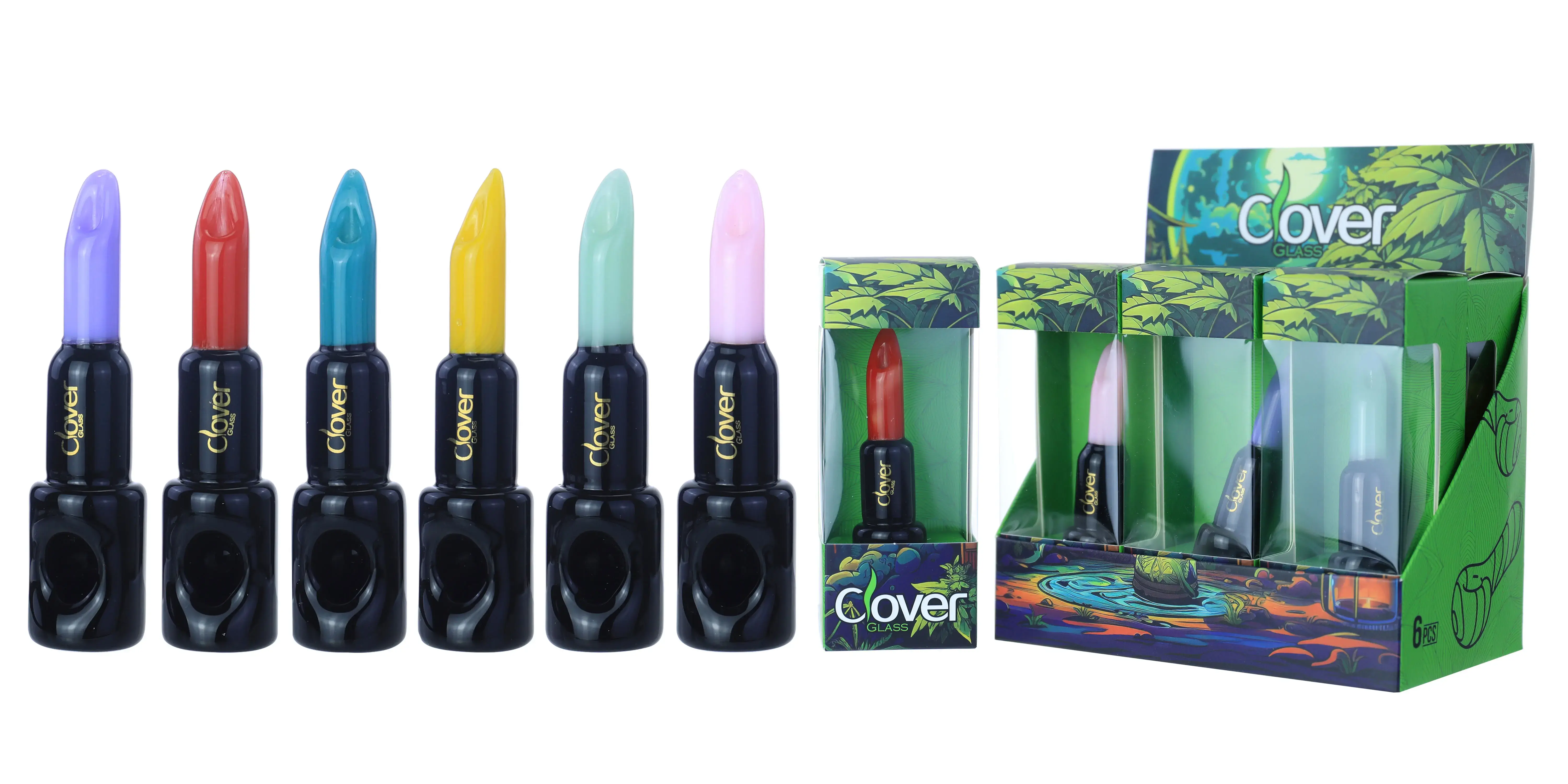 [T-1372-12] Clover Glass Hand Pipe 4 Inch Display 6PK (WPF-628)