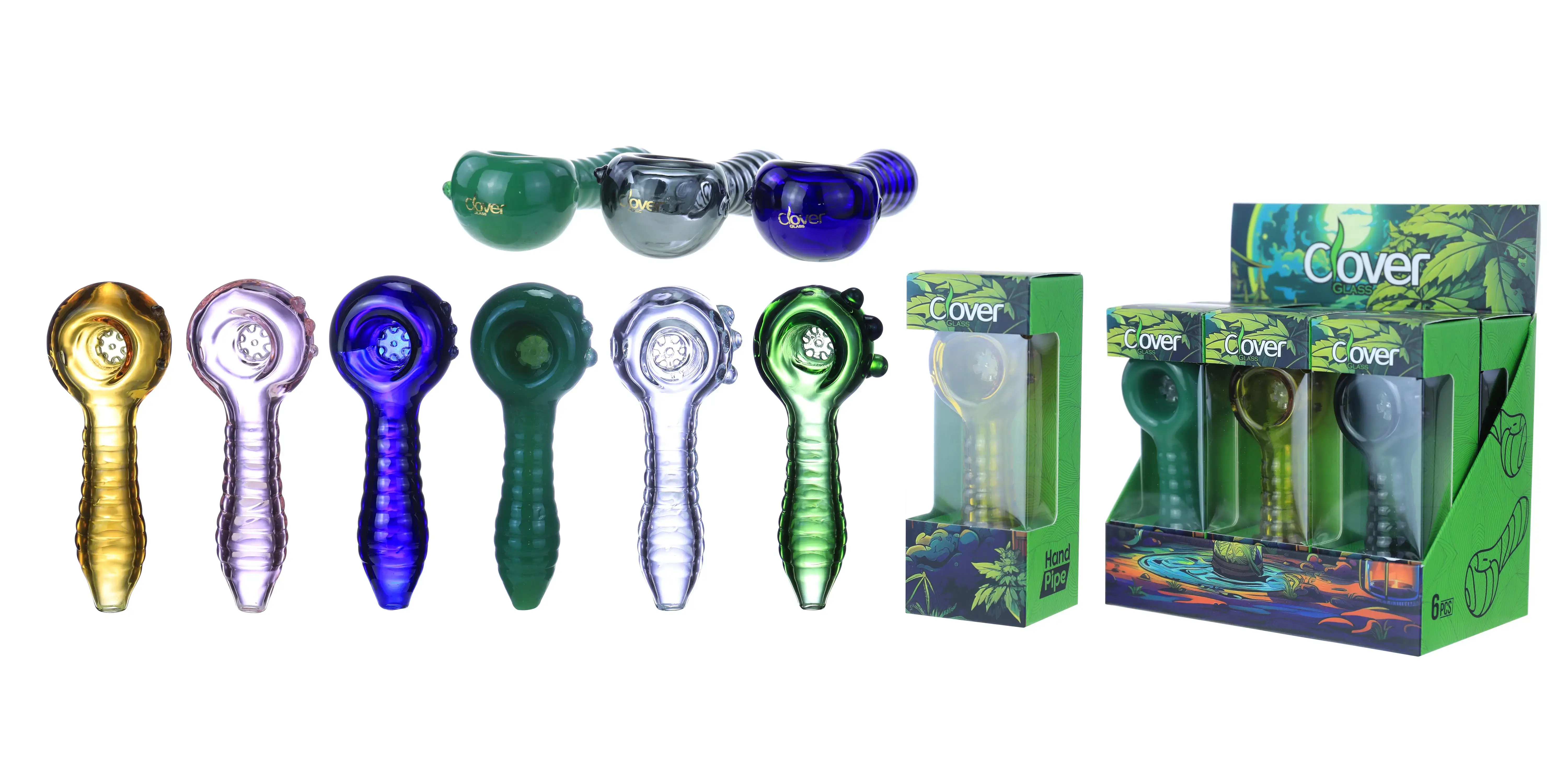 [T-1372-21] Clover Glass Hand Pipe 4 Inch Display 6PK (WPF-610)