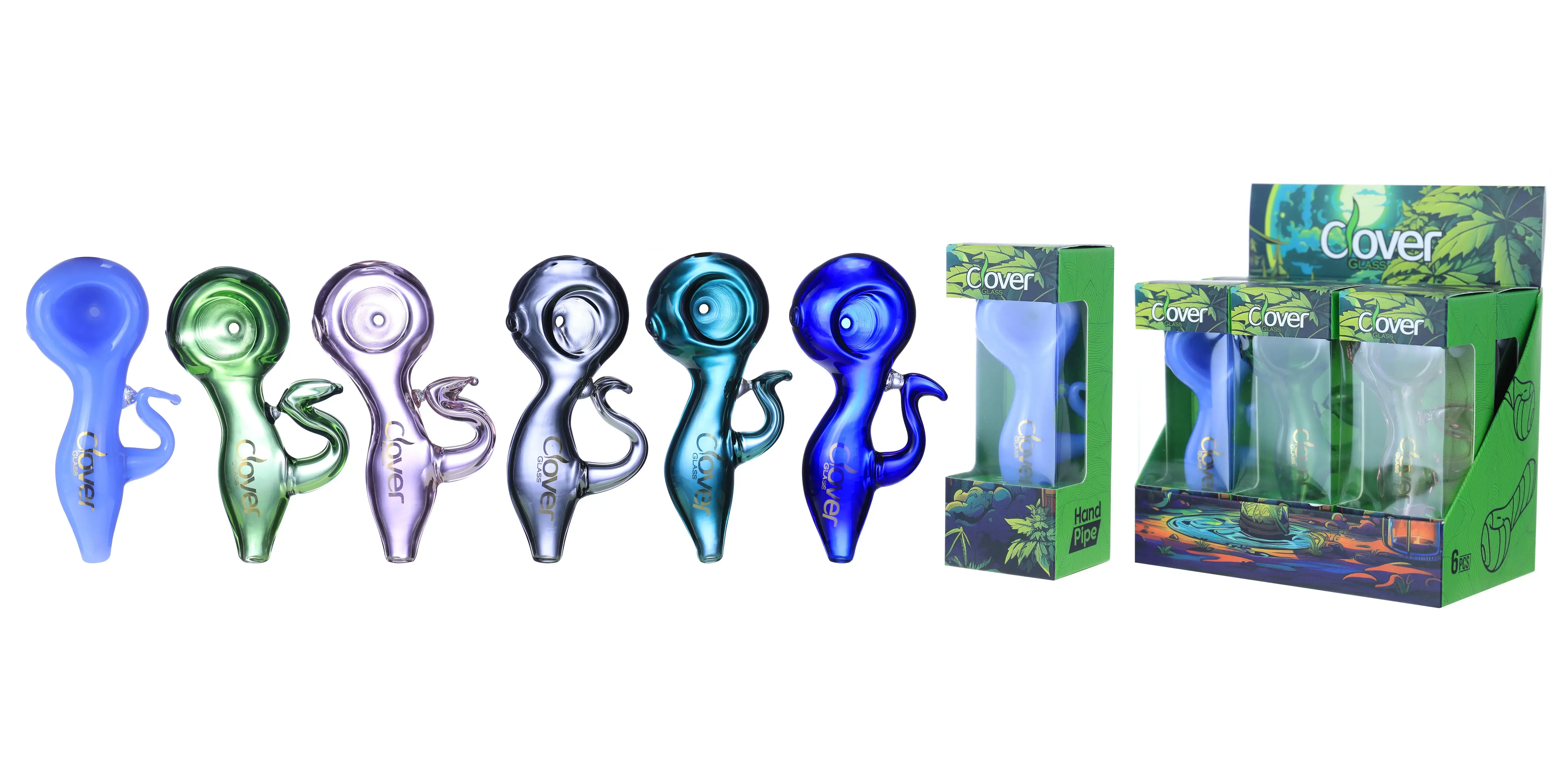 [T-1372-23] Clover Glass Hand Pipe 4 Inch Display 6PK (WPF-614)