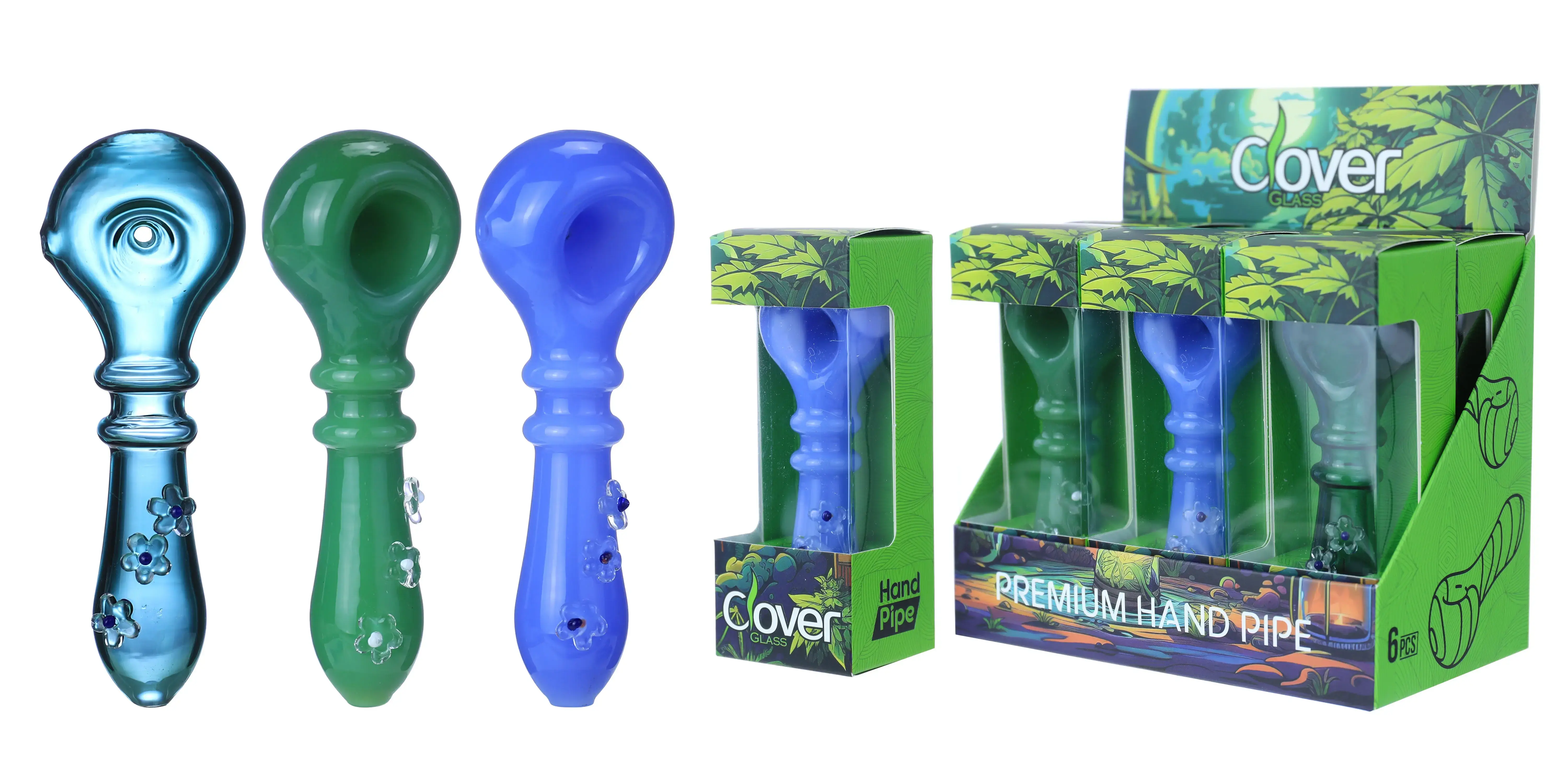 [Q-4847-02] Clover Hand Pipe Glass 6PK a Display Mix Color (Style#647)