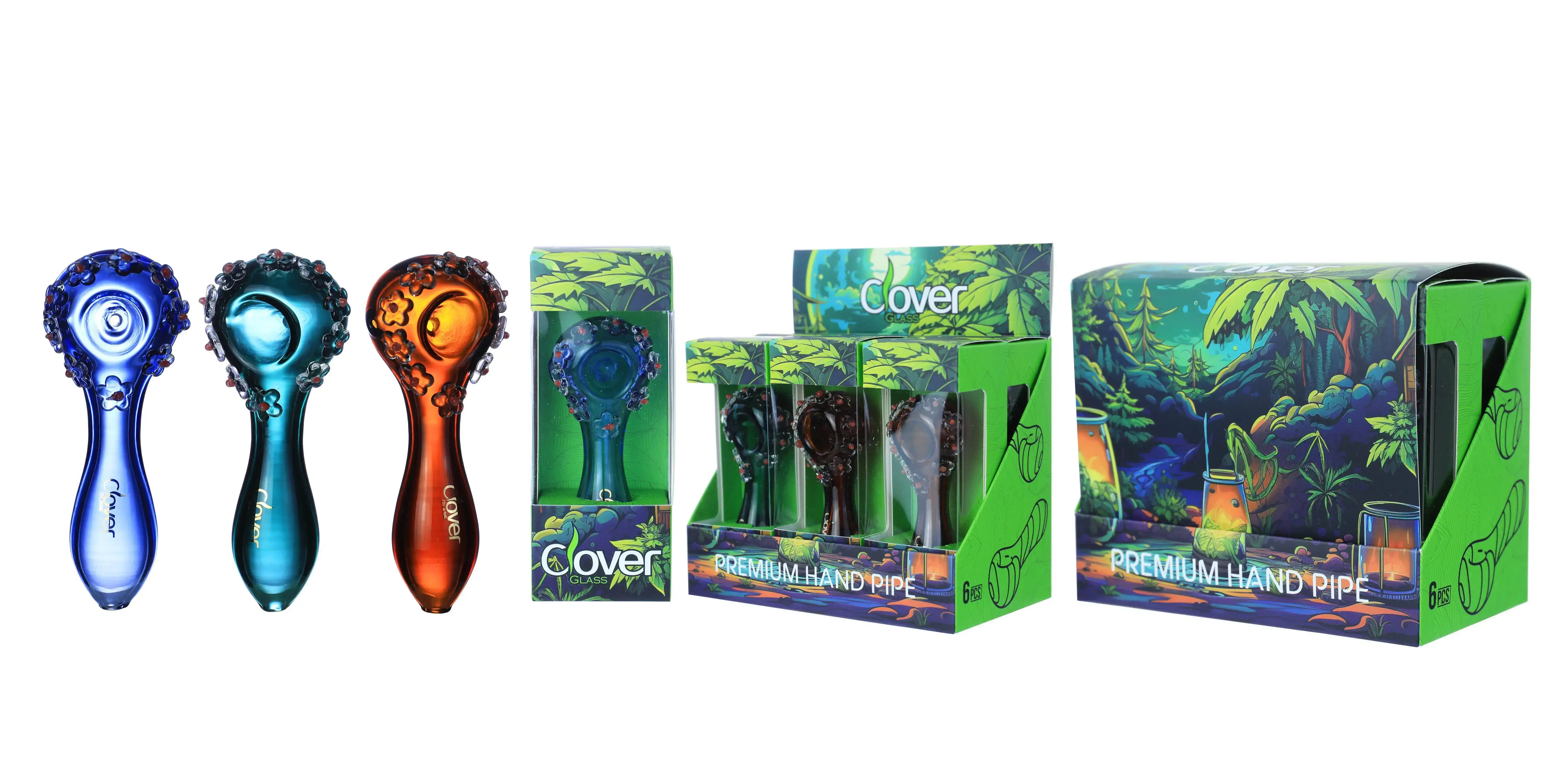 [Q-4847-03] Clover Hand Pipe Glass 6PK a Display Mix Color (Style#643)