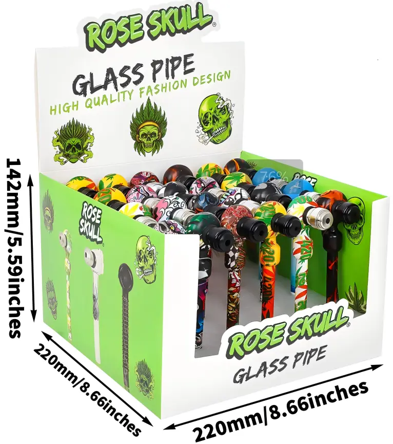 Clover Rose Skull Glass Pipe Cylindrical Shape 24PC A Display