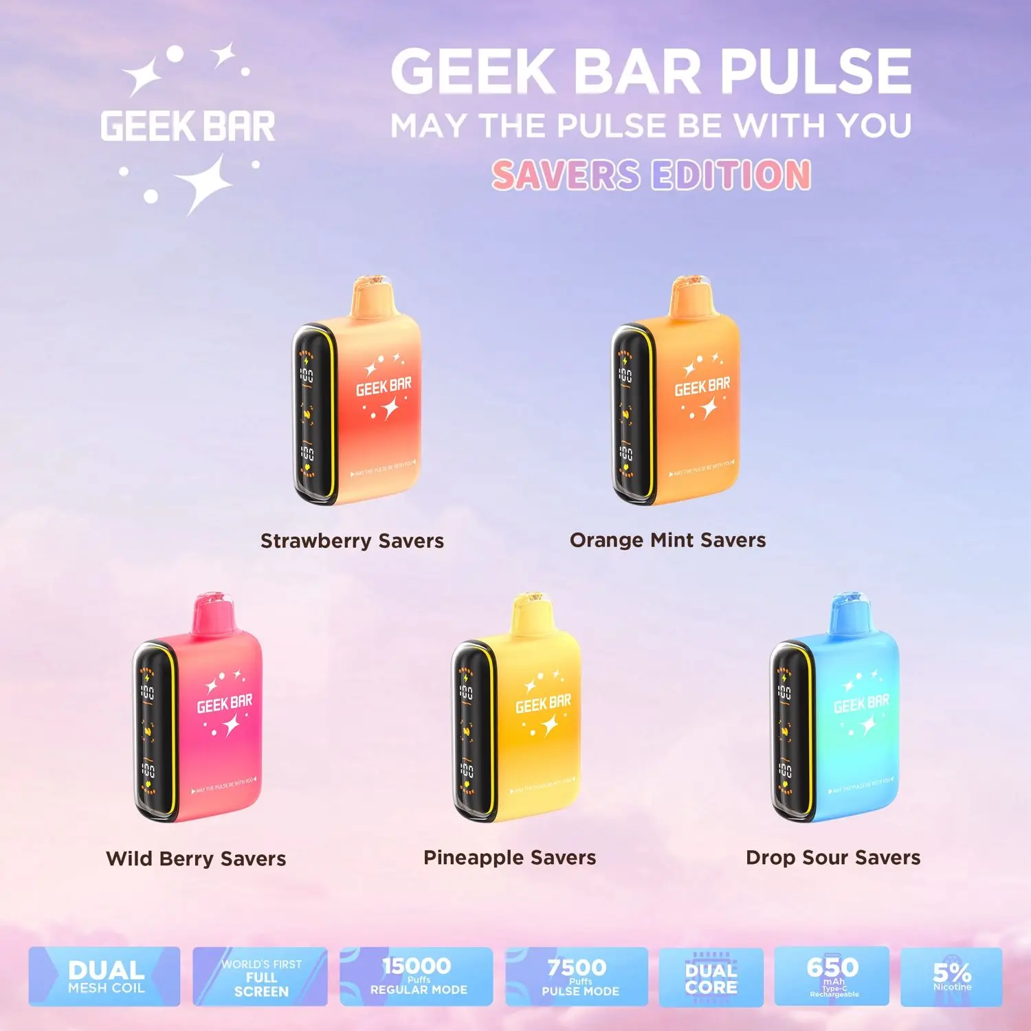 [T-1315-01] GEEK BAR PULSE 15000 PUFF Drop Savers 16ML 5PK (Strawberry)
