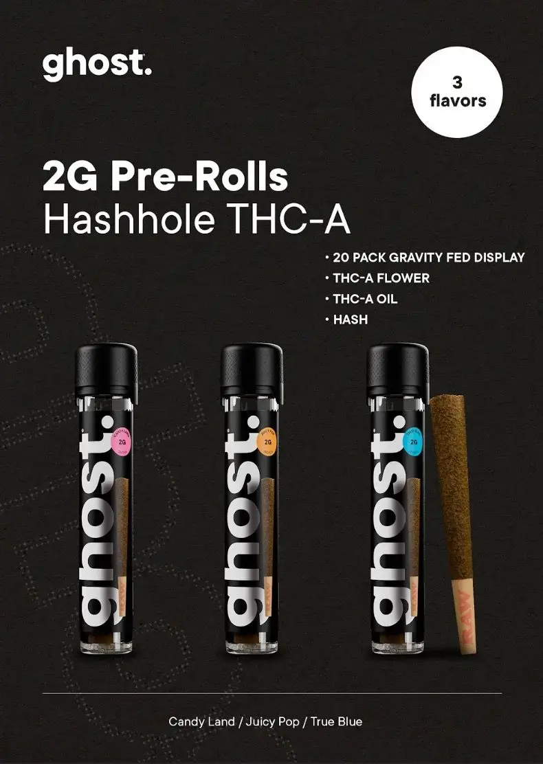 [T-1433-02] Ghost PreRoll Hashhole THC-A 20PK A display (Juicy Pop)