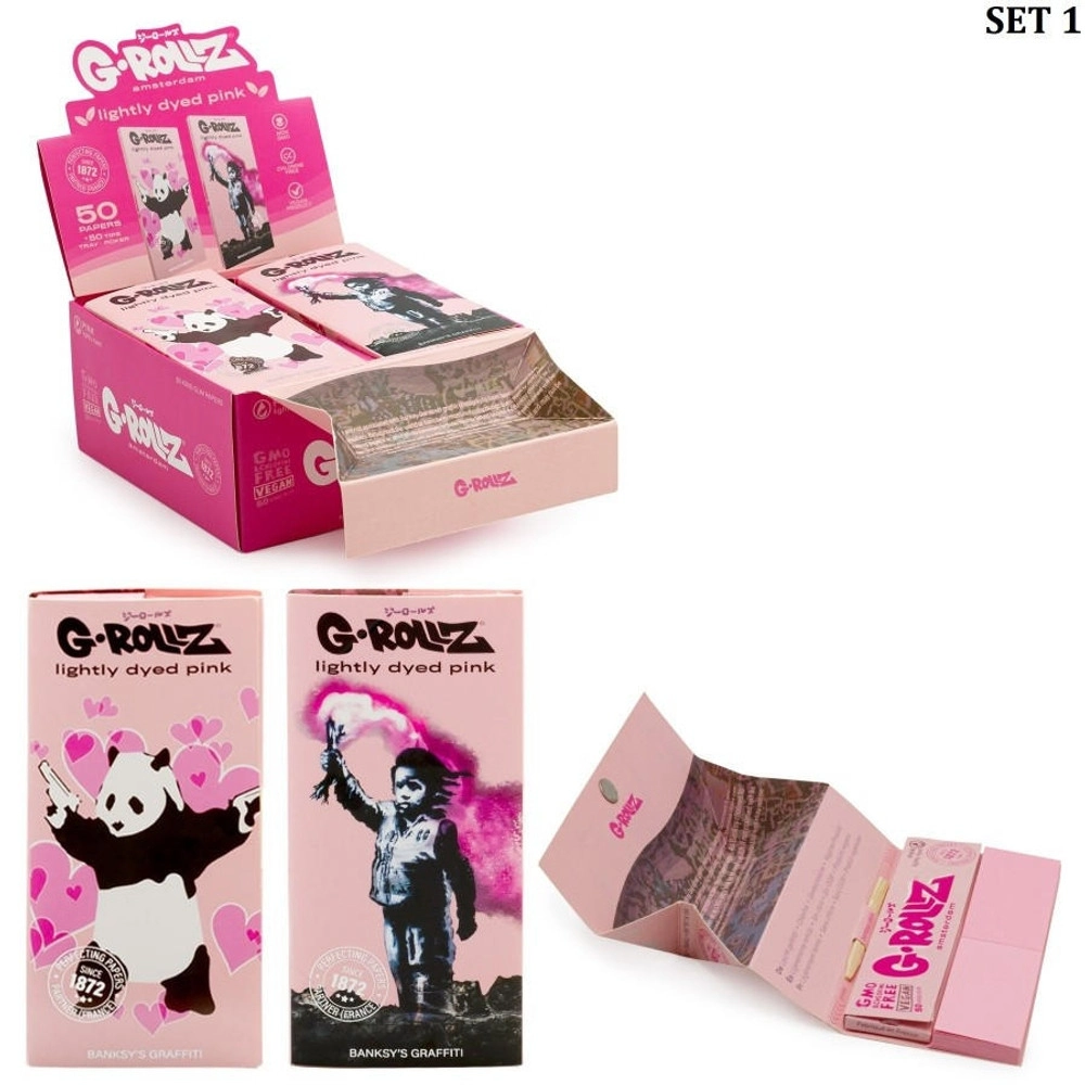 G-ROLLZ | BANKSY'S GRAFFITI KS SET 10 - LIGHTLY DYED PINK - 50 KS PAPERS + TIPS & TRAY