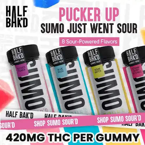 [T-1366-07] Half Bak'd D9 SUMO SOUR'D Gummies 25CT Per Jar (Strawberry Strawz)