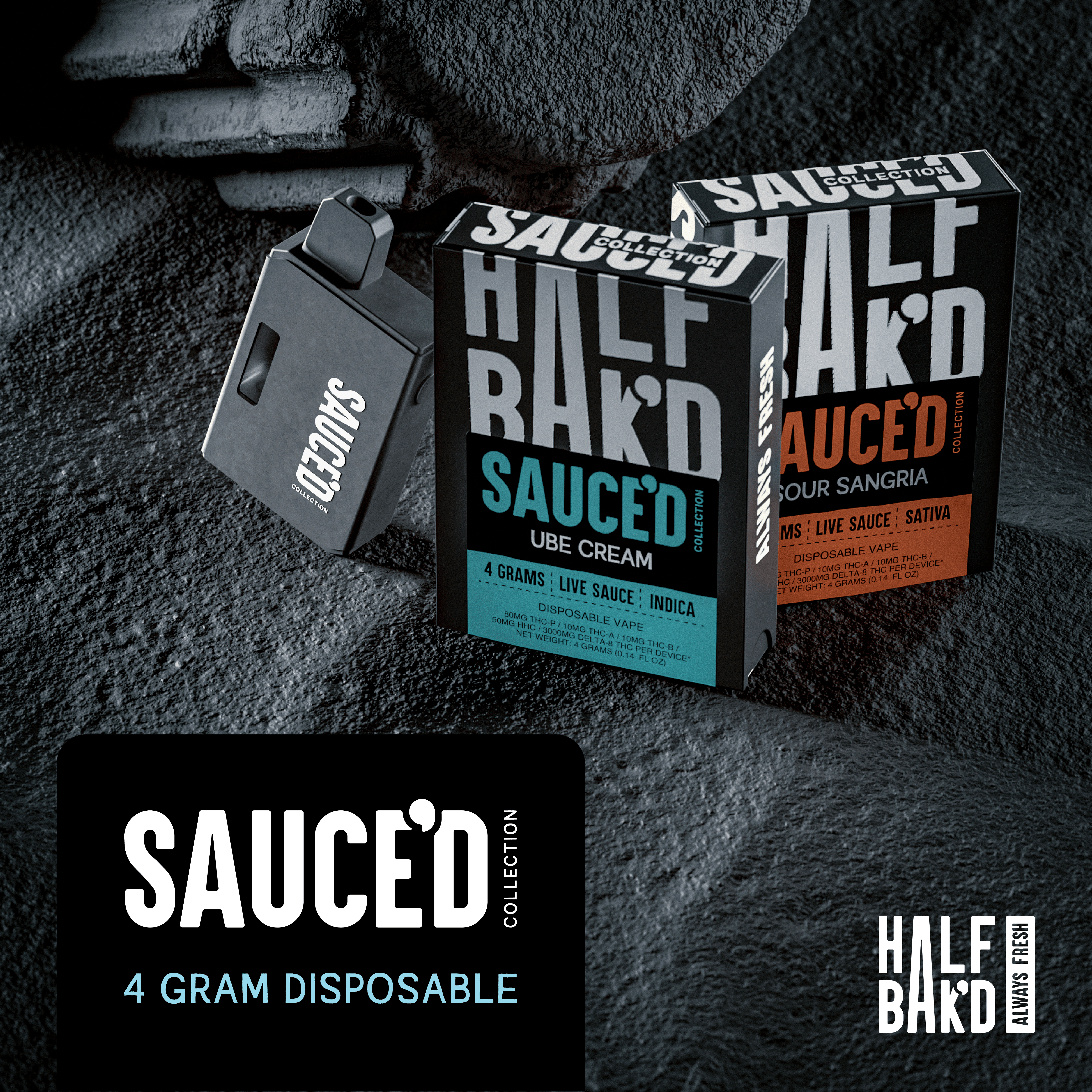 [Q-4817-02] Half Bak'd Live Resin SAUCE'D THC-P 4G Disposables - 5 Pack (Kiwi Jam Indica)