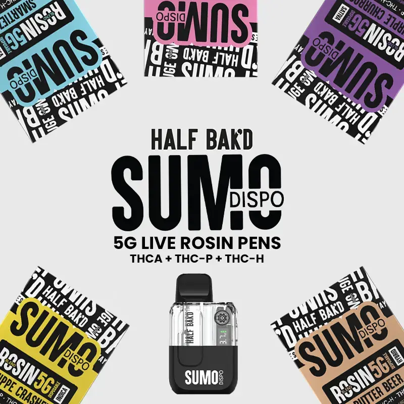 [T-1244-06] Half Bak’d -SUMO Live Rosin Disposable 5G THC-P, THCH, and THCA 5pk Box (White Widow)