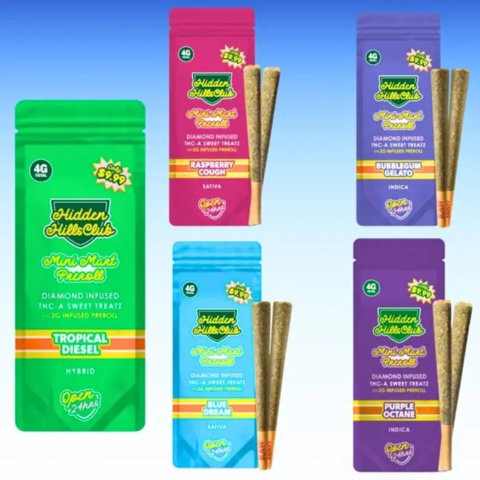 [T-1482-05] Hidden Hills THCA Mini Mart Pre-Rolls 2-Pack – 4G (TROPICAL DIESEL)