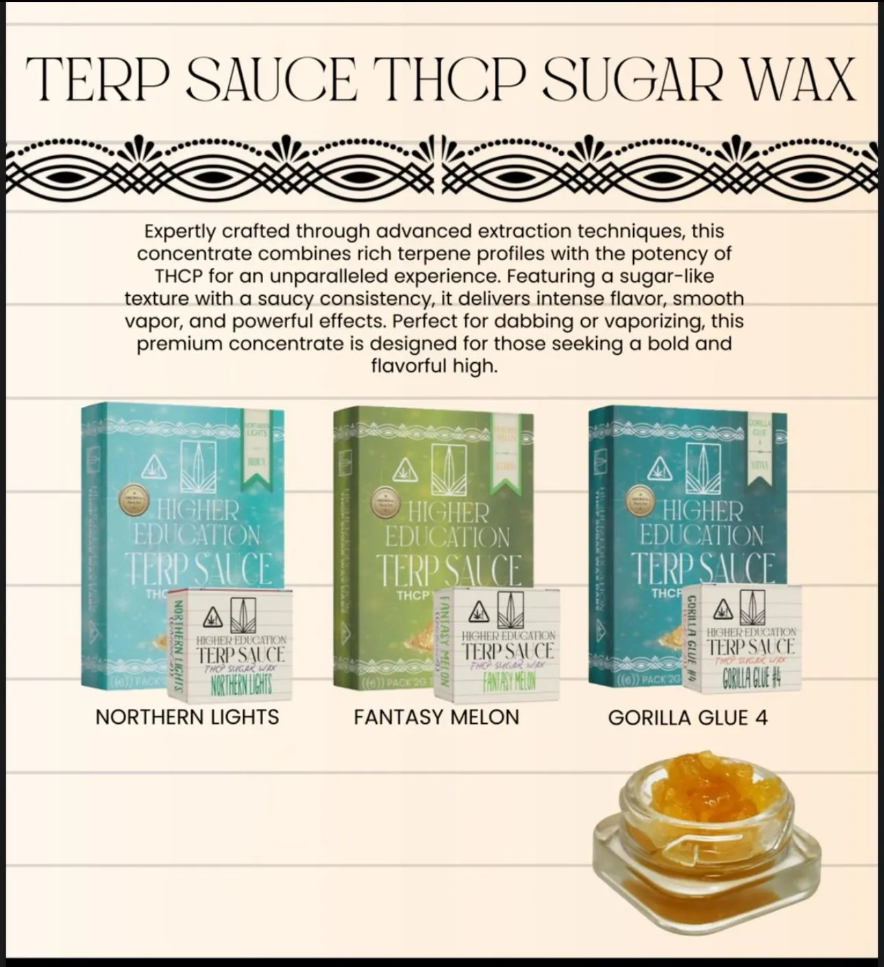 [Q-4840-01] Higher Education Terp Sauce THC-P Sugar Wax 2G 6PK (Gorilla Glue)