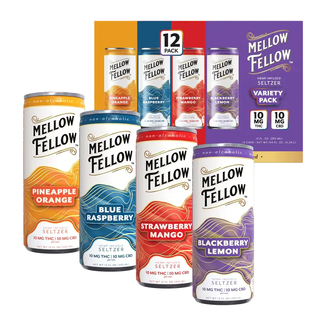 [T-1649-03] MELLOW FELLOW SELTZER BEVERAGES 20mg DELTA9 CBD 12OZ 12PK (Pineapple Orange)