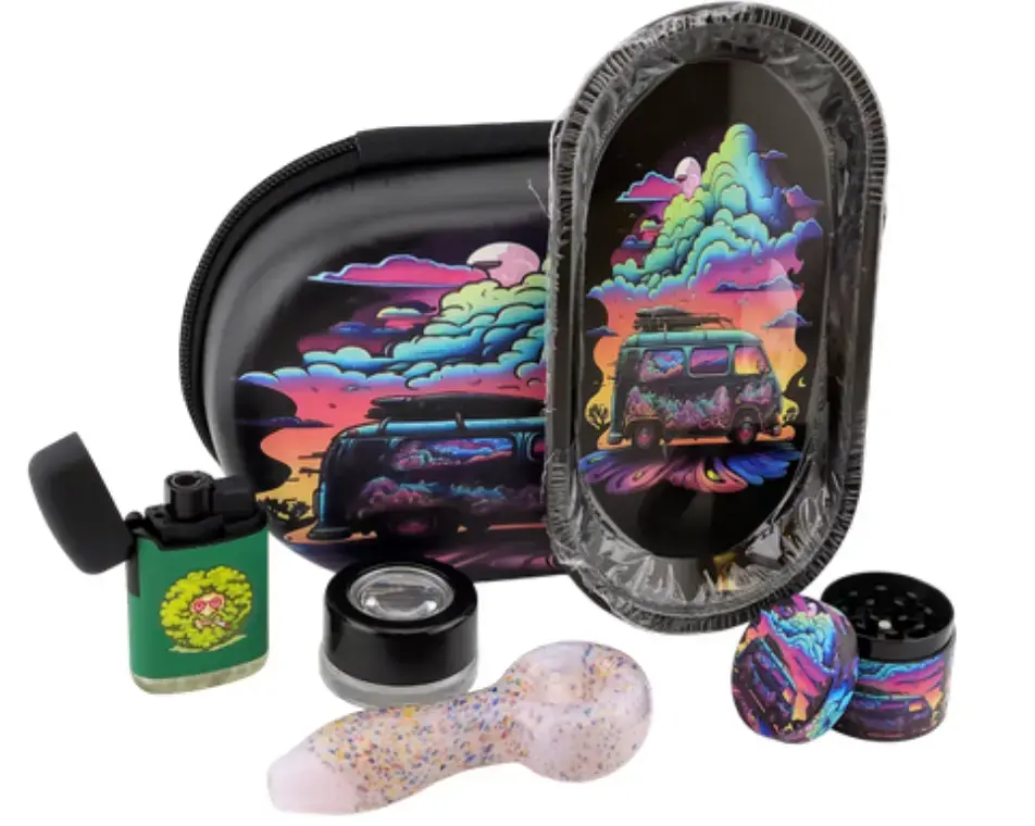 [T-1493-06] Oval Bag Glass Smoking Pipe Set (Van Skies)