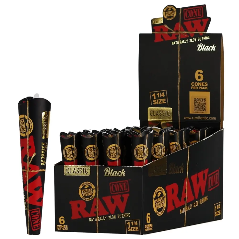 [Q-3190-03] RAW CONE PRE-ROLLES 32CT (BLACK 1 1/4 SIZE 6PK)
