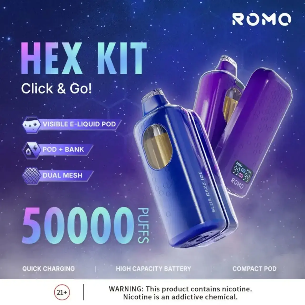 [T-1468-04] Romo Hex Disposable Kit 50K Puff 12ML 5PK (Miami Mint)