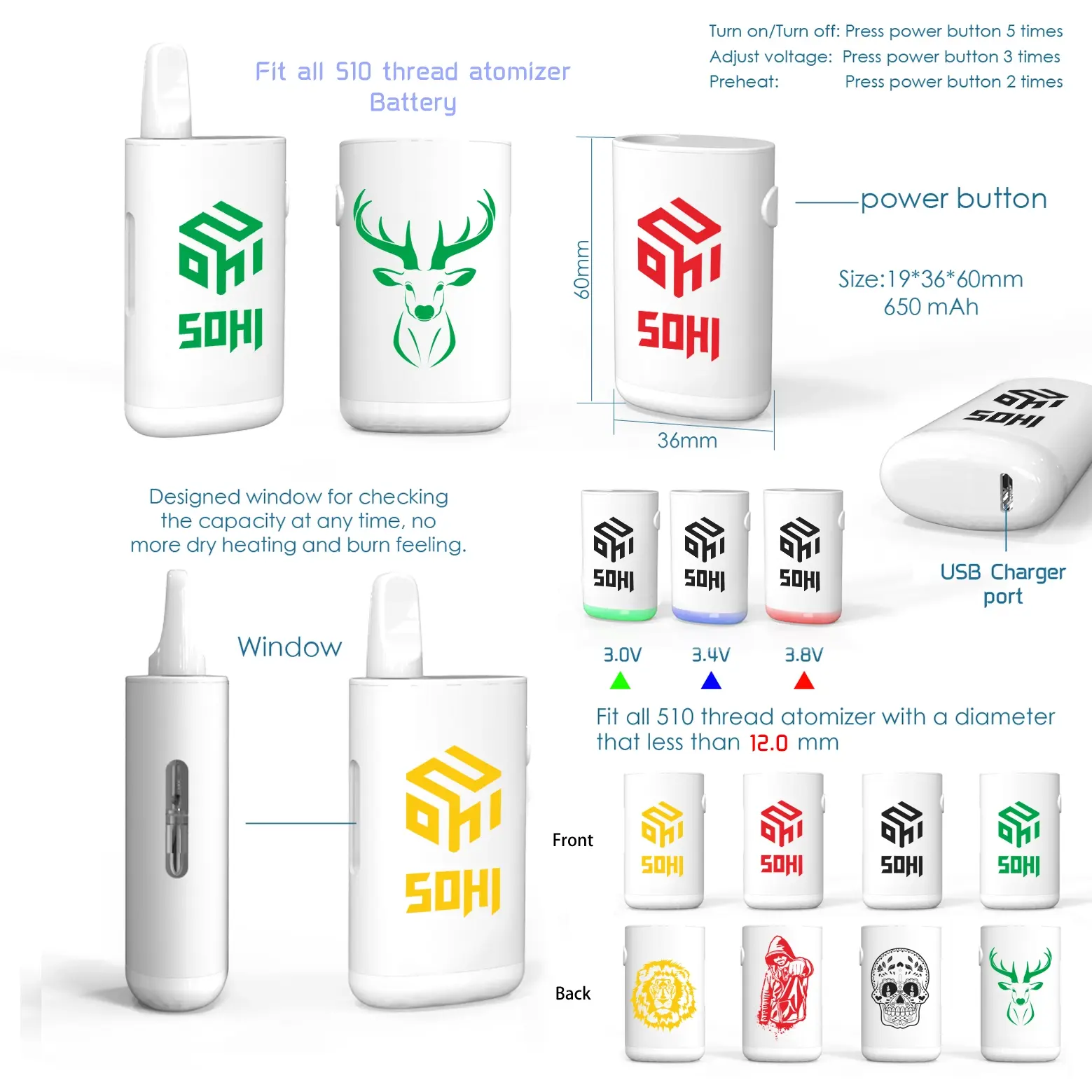 [Q-4312-02] SOHI 510 HIDE ABLE BATTERY 650MAH (DEER DESIGN)