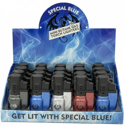 SPECIAL BLUE BULLET METAL MINI BUTANE GAS TORCH LIGHTERS - ASSORTED COLORS - DISPLAY OF 20