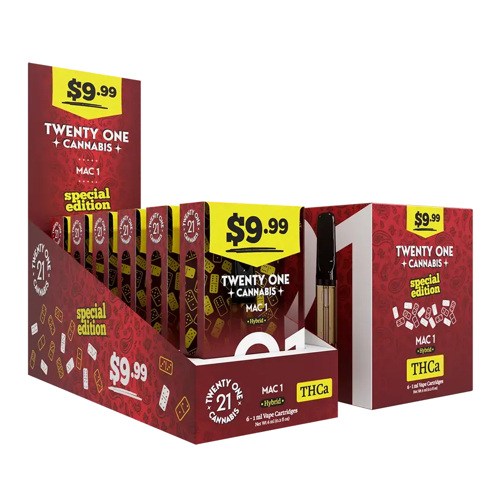 [T-1405-05] Twenty One Vape Cartridge 1ml THC-A Pre-Priced $9.99 6PK (Mac 1 (Hybrid))