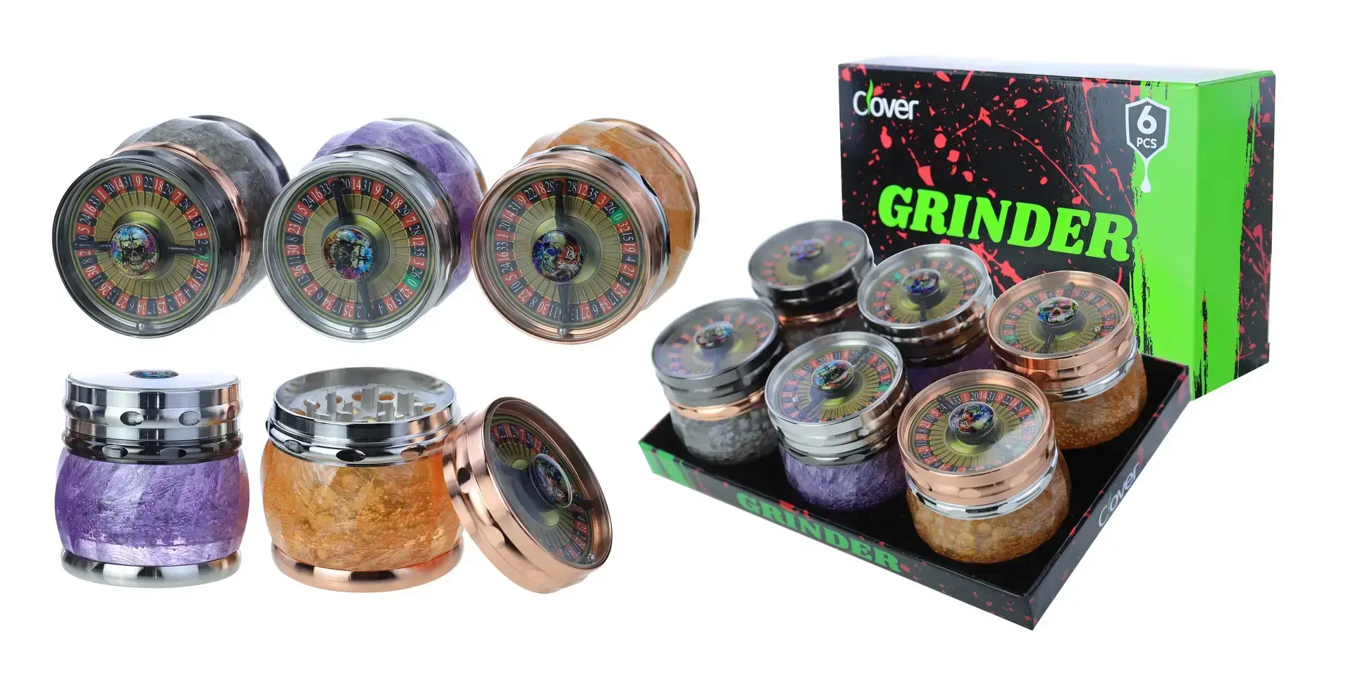 [T-1389-02] Clover Grinder Zinc Alloy 4 Part 6PC Display (GX-2463 71*72MM)