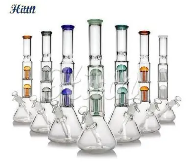[Q-4433] 16 inches 5mm thickness double 8 tree arms perc 14mm bowl mixed colors No logo