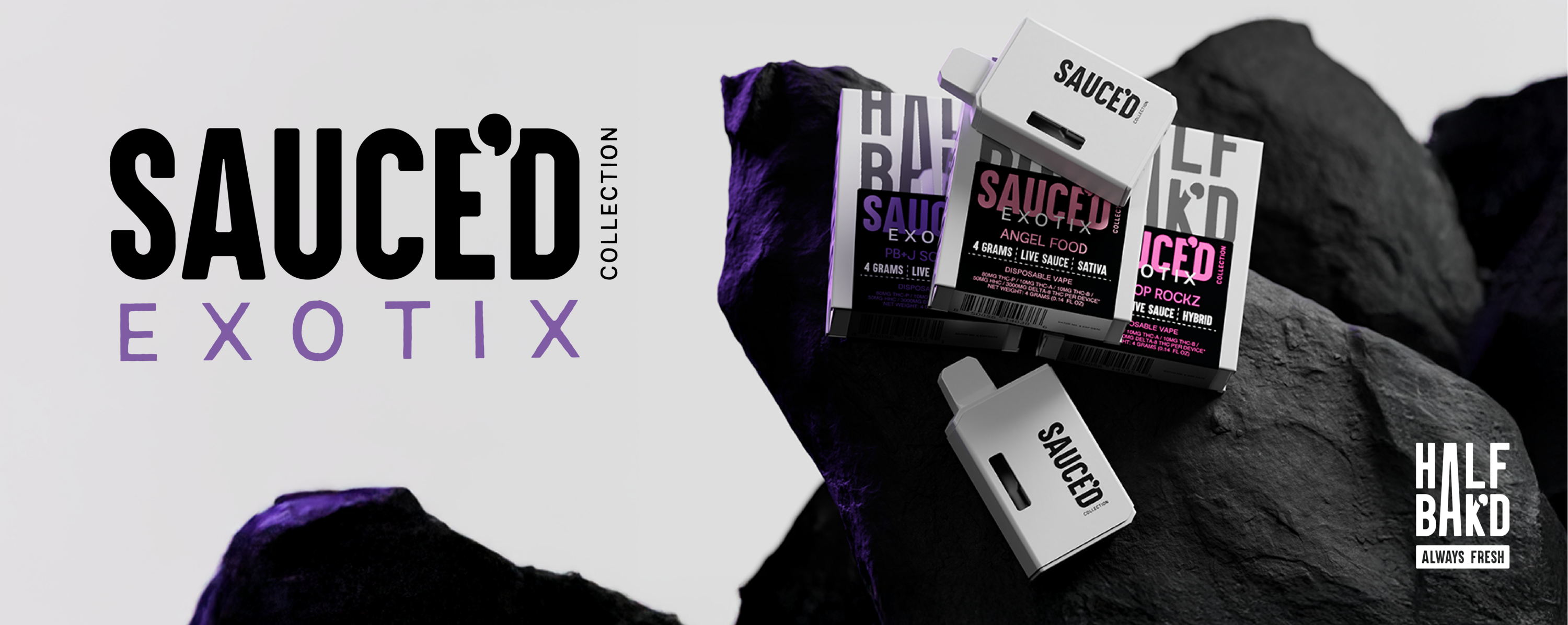 Half Bak'd Live Resin SAUCE'D EXOTIX THC-P 4G Disposables 5 Pack a Box